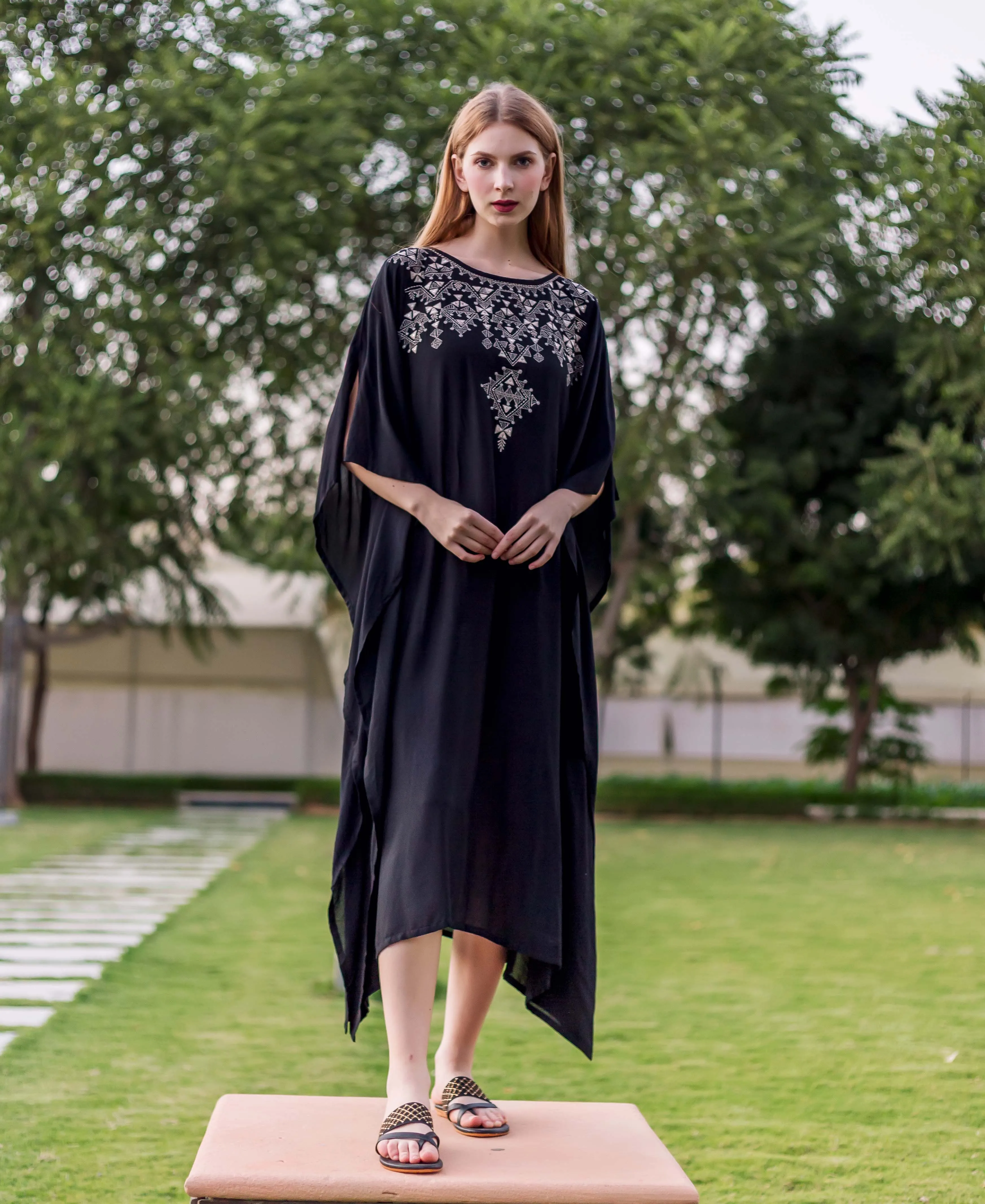 Black Muslin Embroidered Kaftan