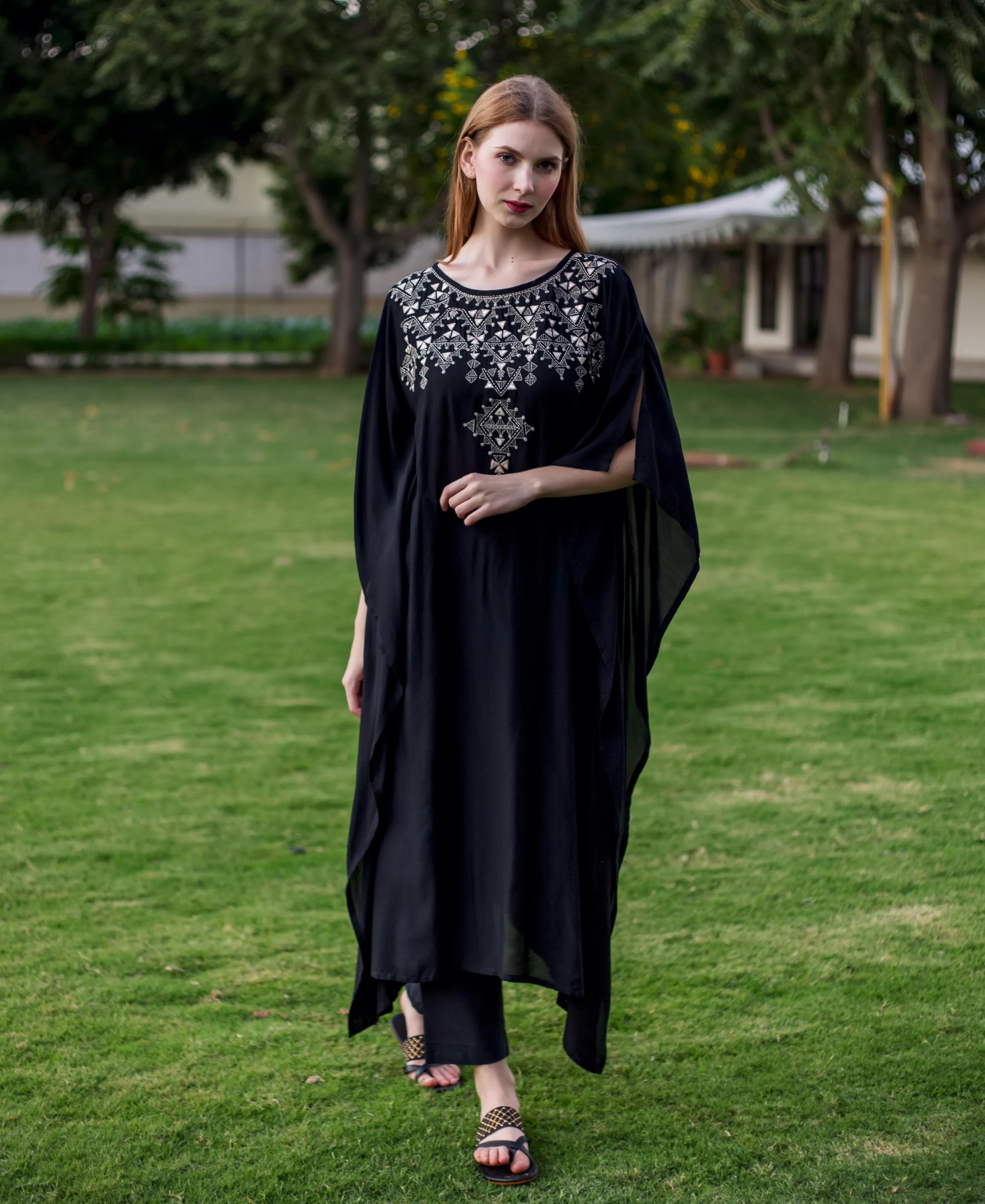 Black Muslin Embroidered Kaftan