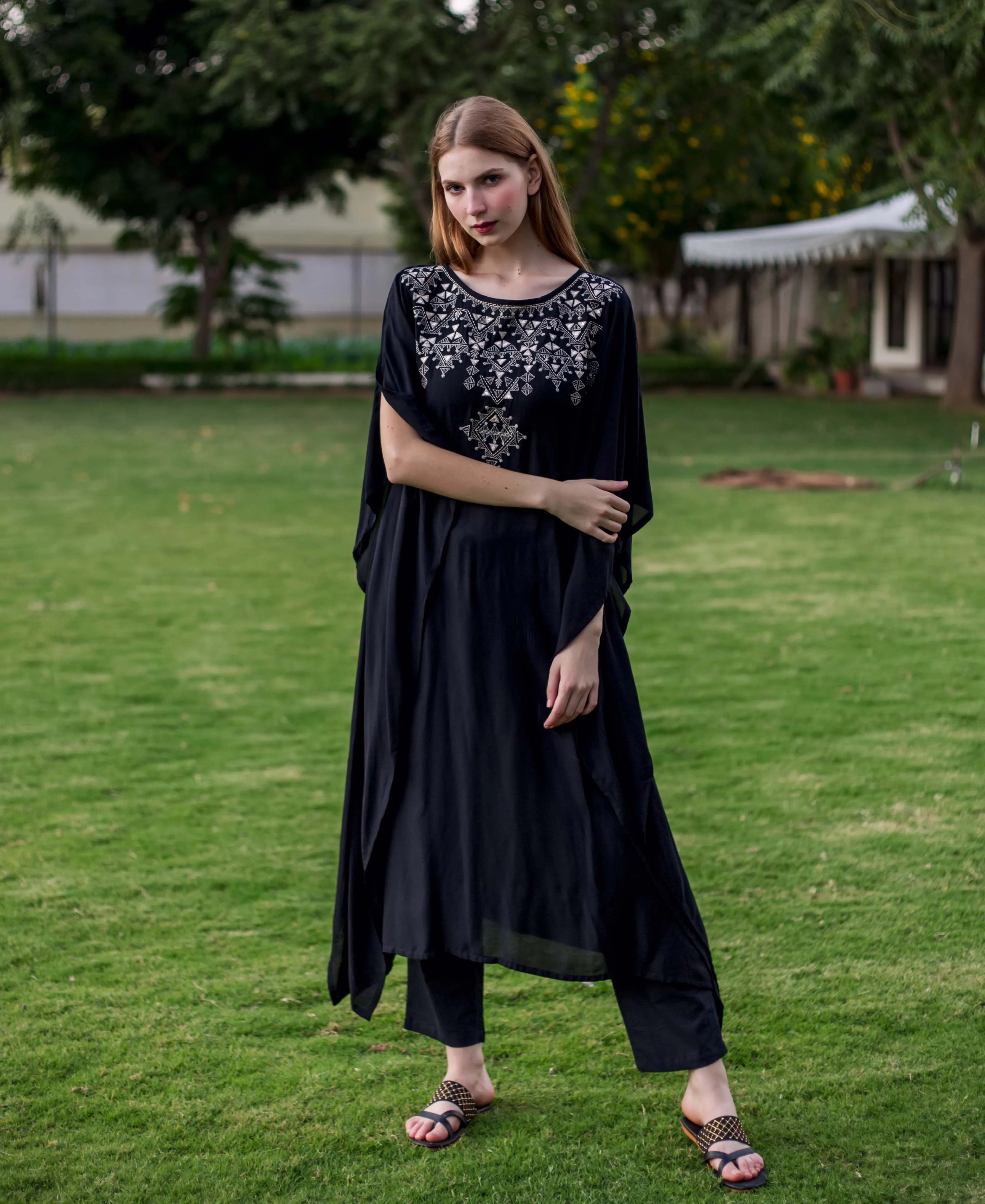 Black Muslin Embroidered Kaftan