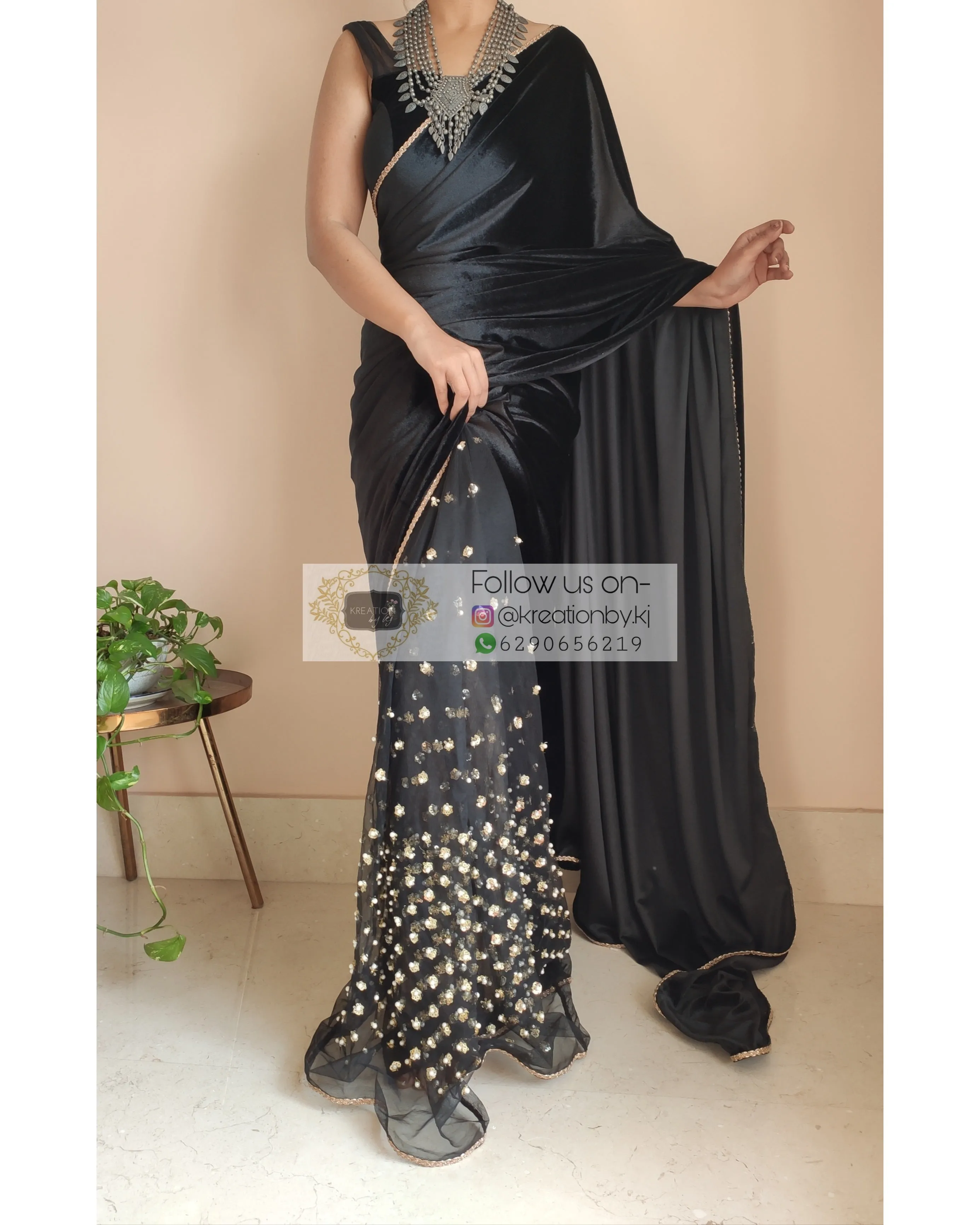 Black Velvet And Net Embellished Saree