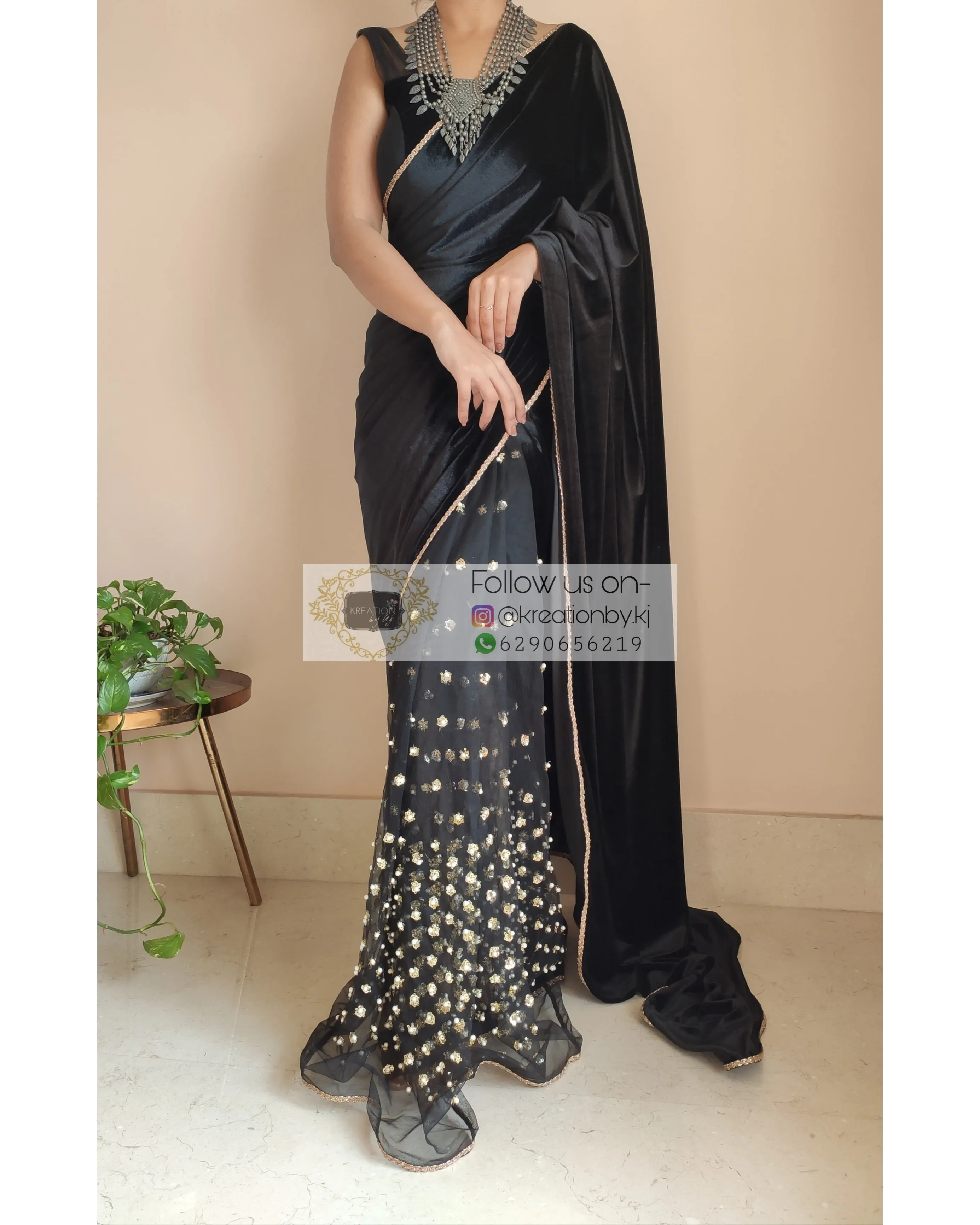 Black Velvet And Net Embellished Saree