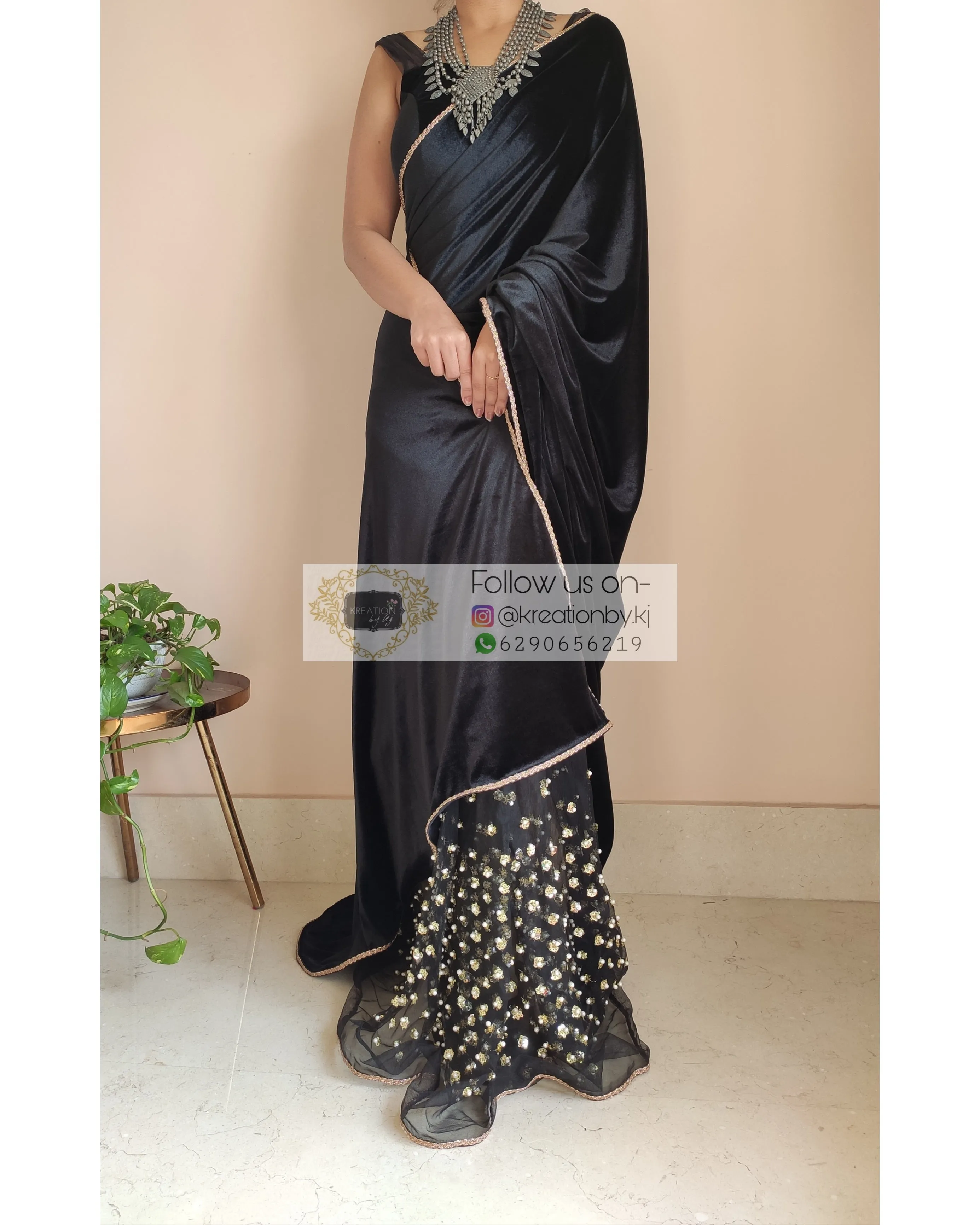 Black Velvet And Net Embellished Saree