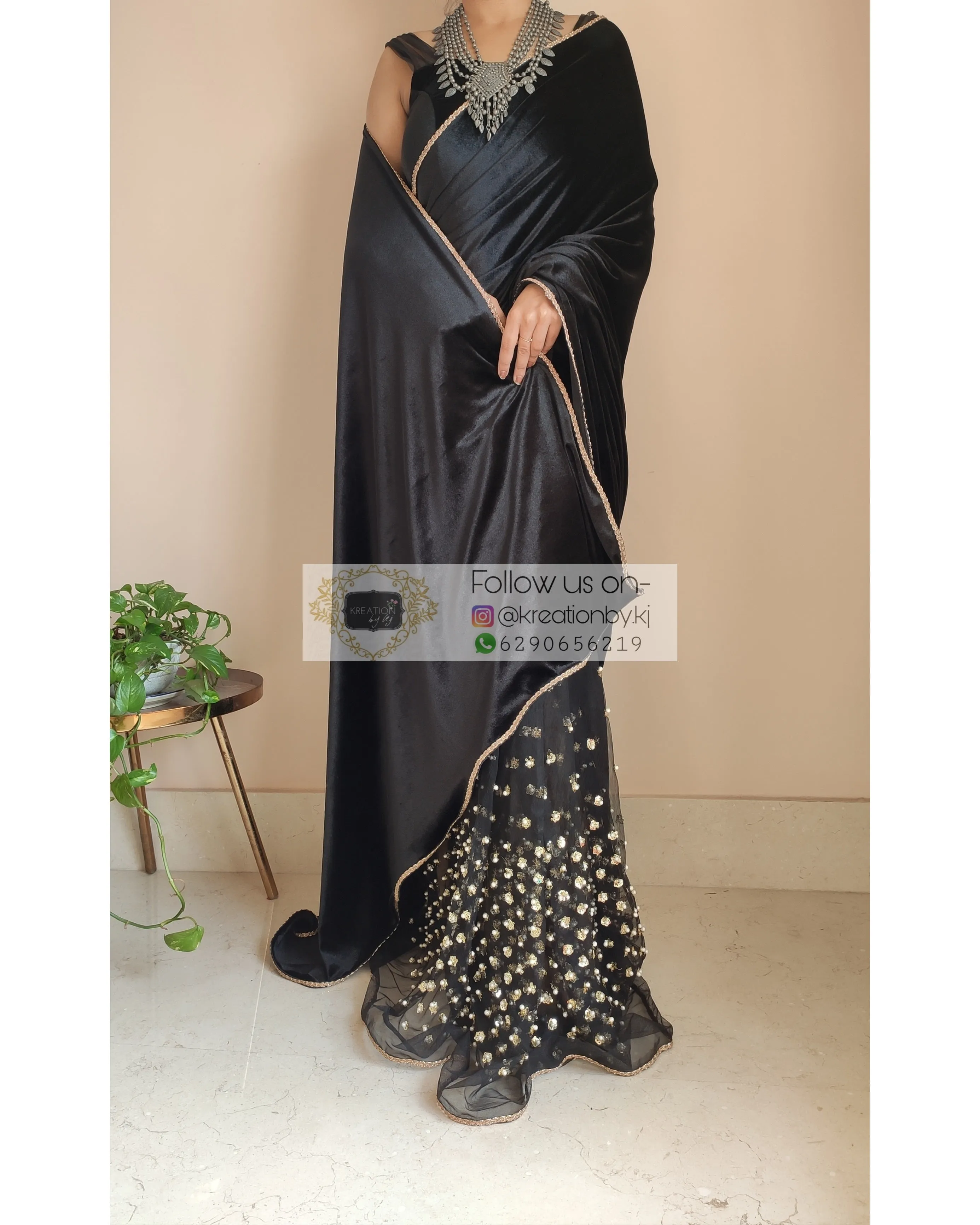 Black Velvet And Net Embellished Saree