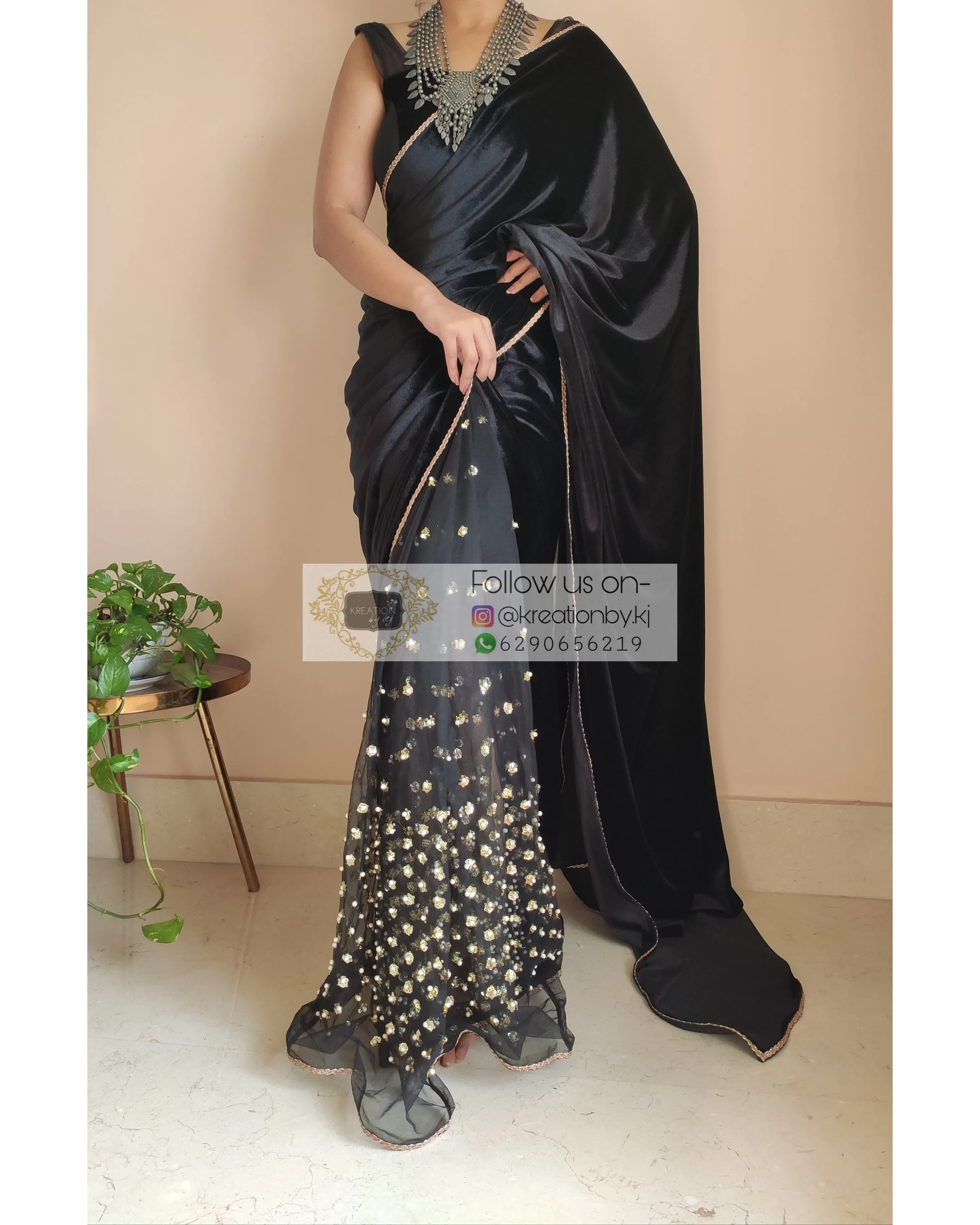 Black Velvet And Net Embellished Saree