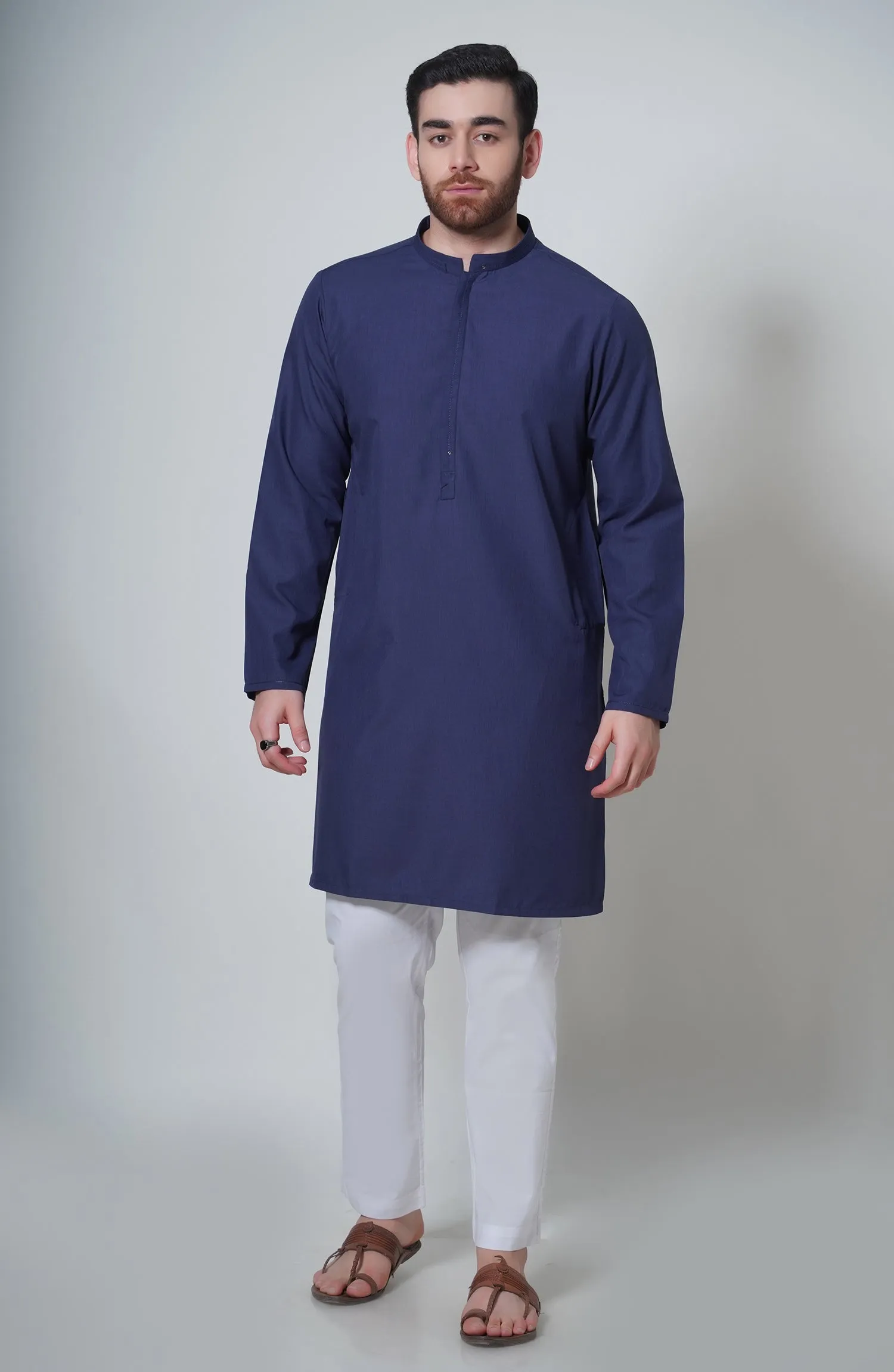 Blended Embroidered Kurta - Medium Blue