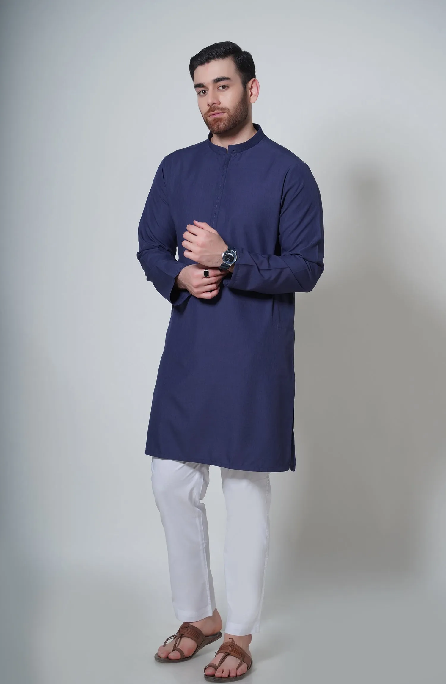 Blended Embroidered Kurta - Medium Blue