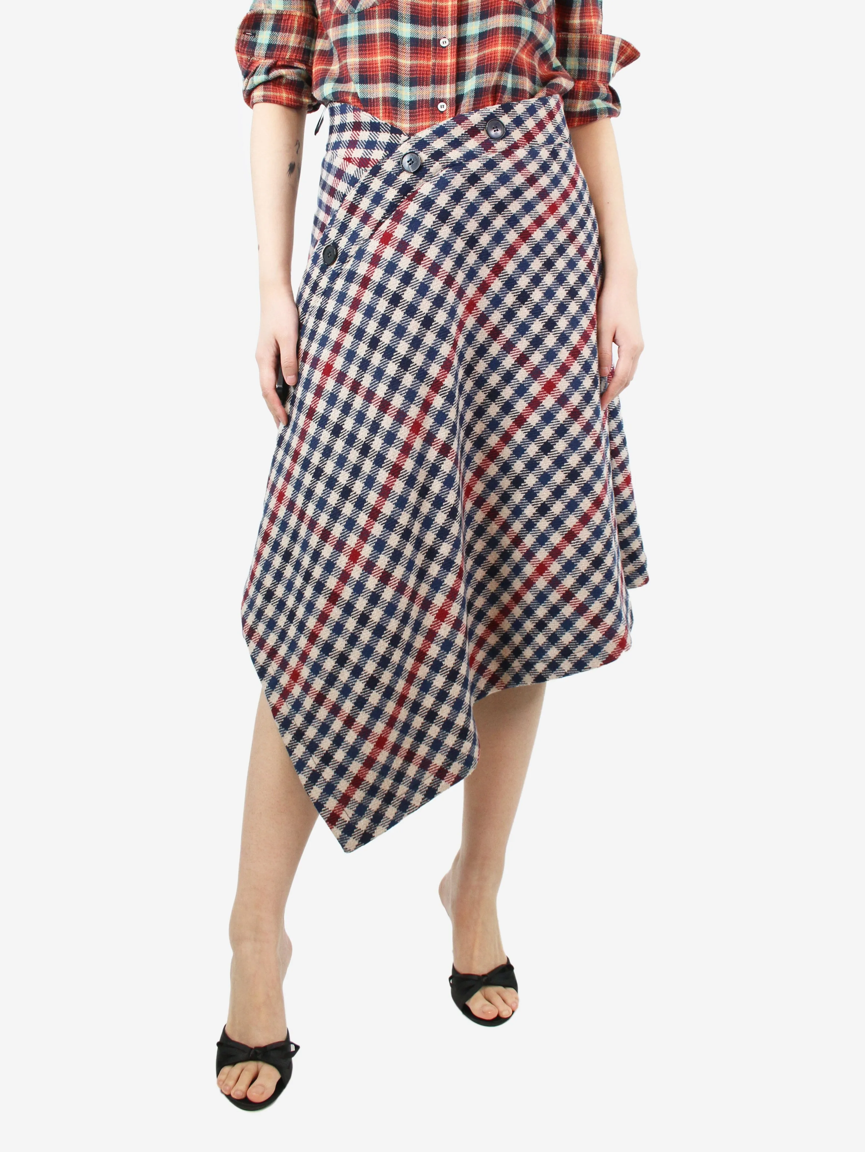 Blue and beige asymmetric checkered skirt - size UK 10