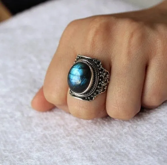 Blue Fire Labradorite Handmade 925 Sterling Silver Ring