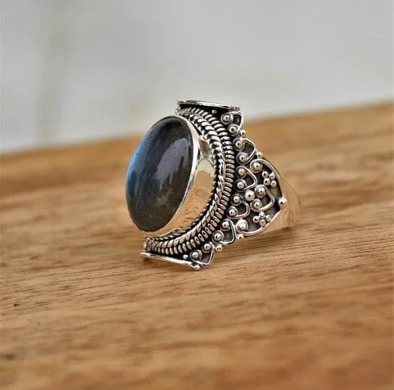 Blue Fire Labradorite Handmade 925 Sterling Silver Ring