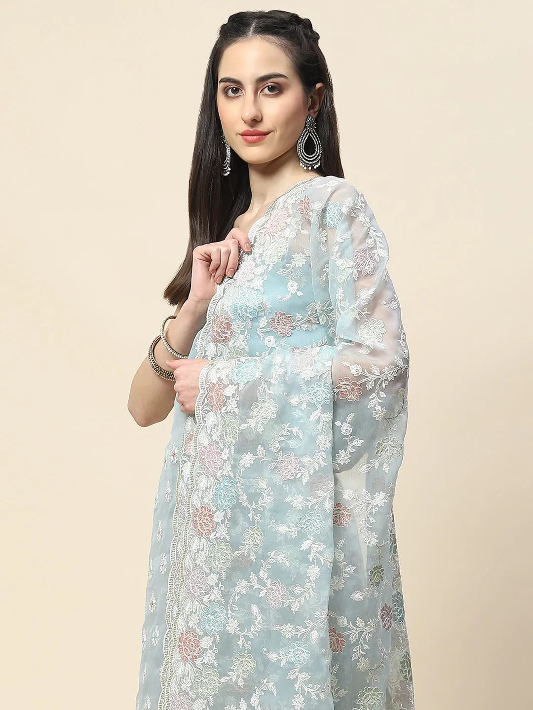 Border With Booti Emboirdered Chiffon Unstitched Suit Piece With Dupatta