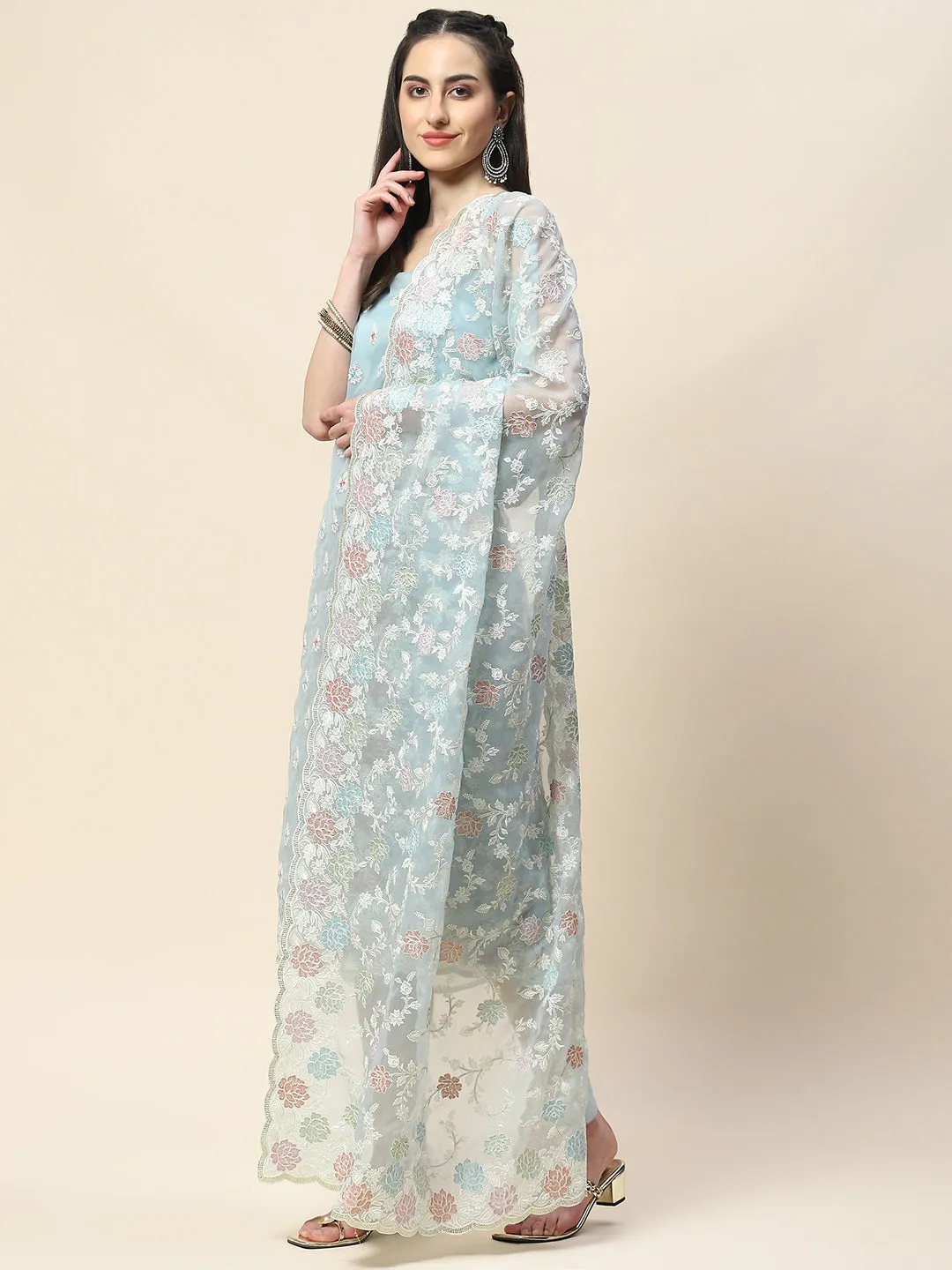 Border With Booti Emboirdered Chiffon Unstitched Suit Piece With Dupatta