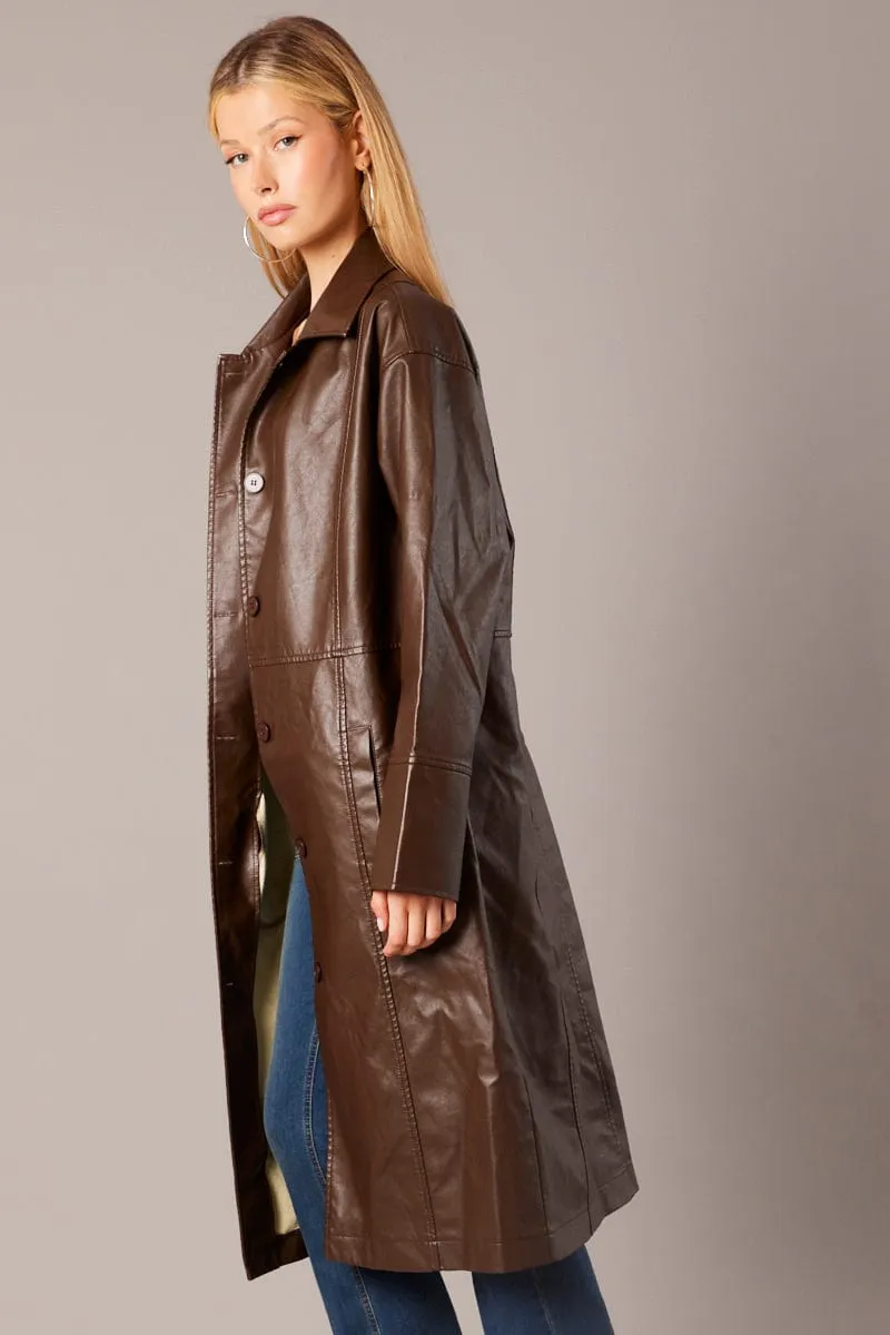 Brown Jacket Longline Collar Long Sleeve Faux Leather