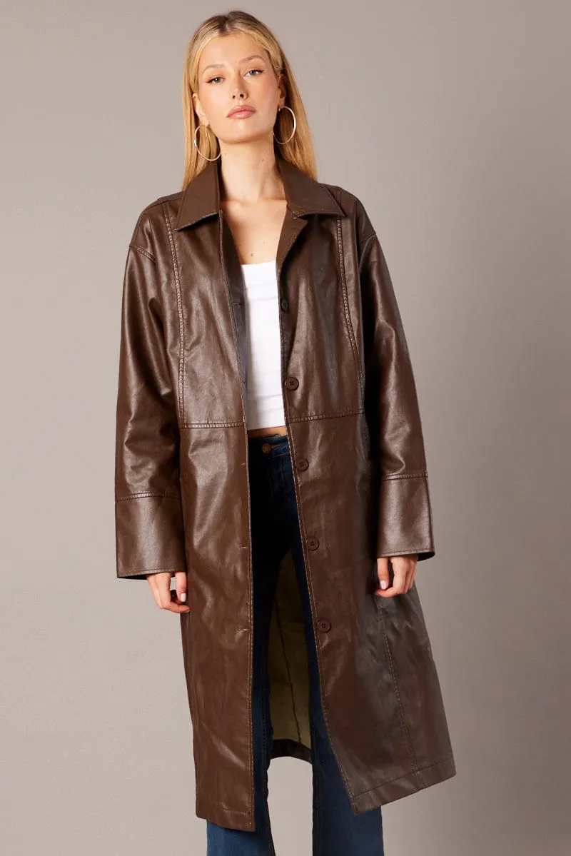 Brown Jacket Longline Collar Long Sleeve Faux Leather