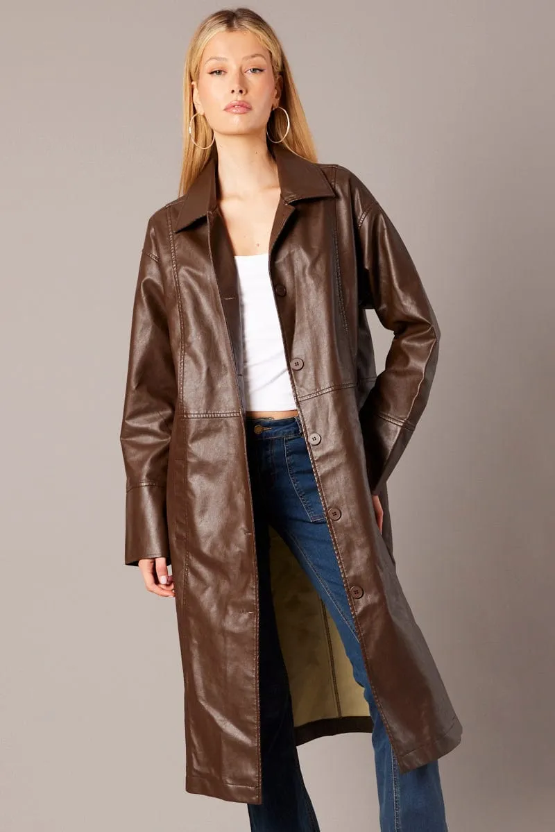 Brown Jacket Longline Collar Long Sleeve Faux Leather