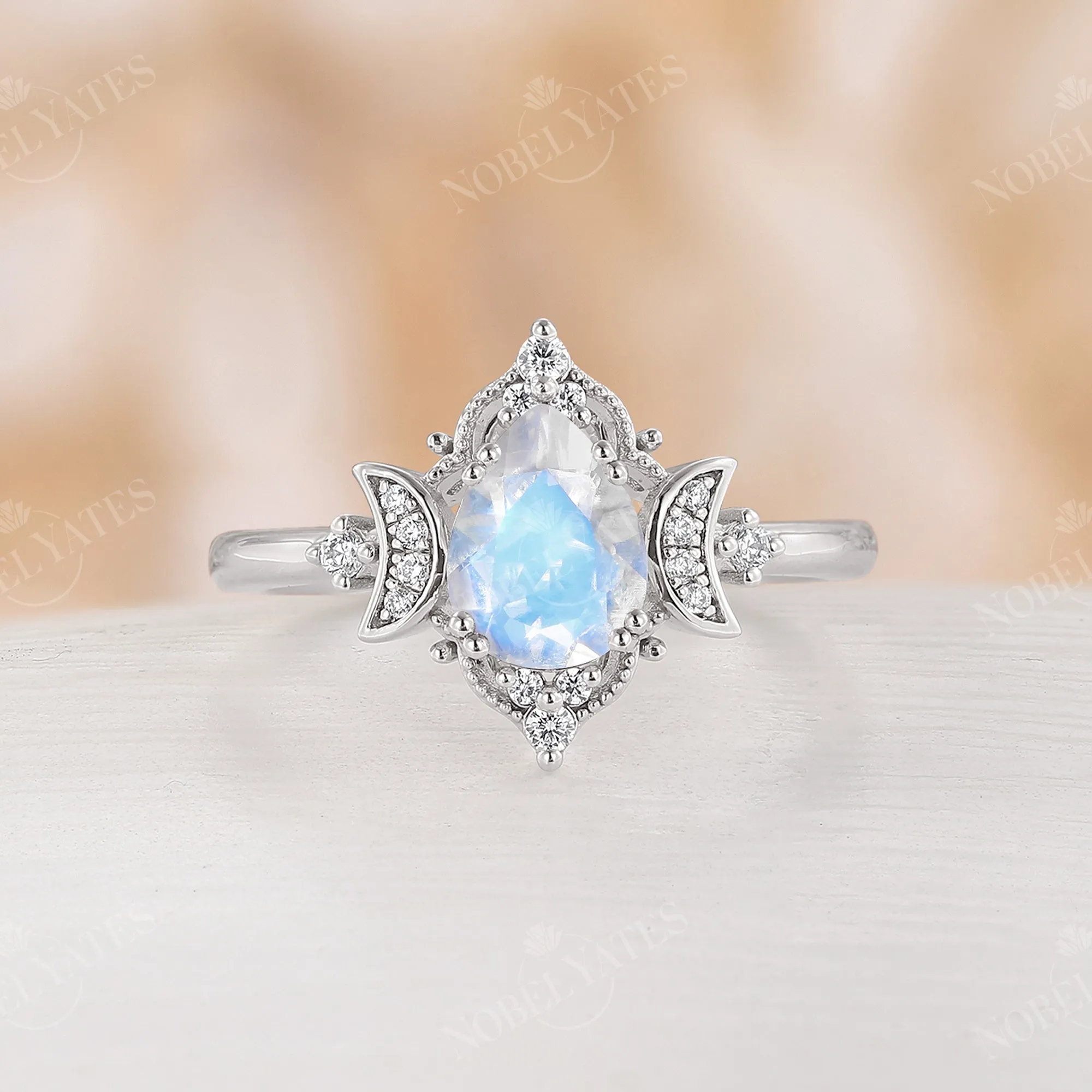 Celestial Moonstone Teardrop Milgrain Engagement Ring Rose Gold