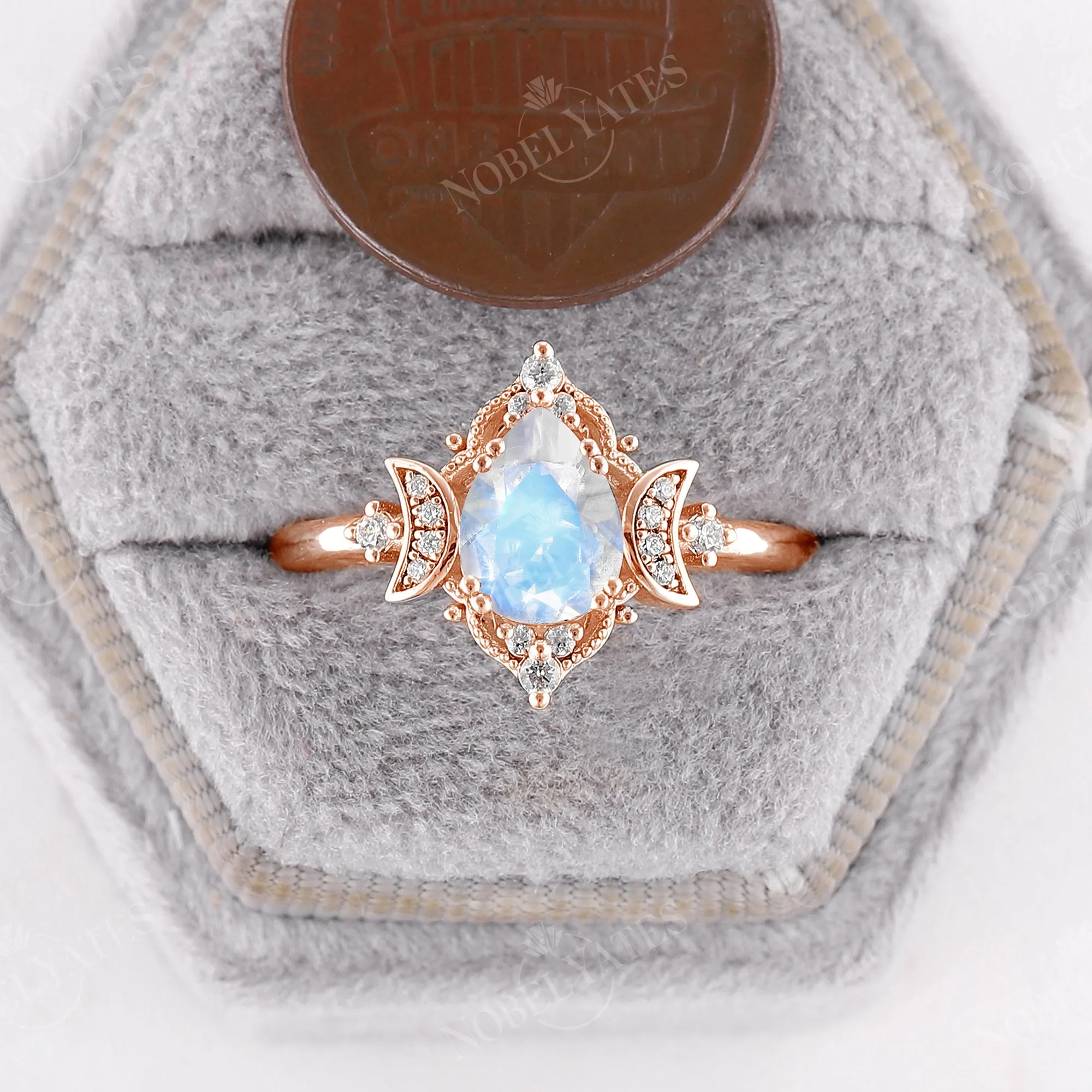 Celestial Moonstone Teardrop Milgrain Engagement Ring Rose Gold