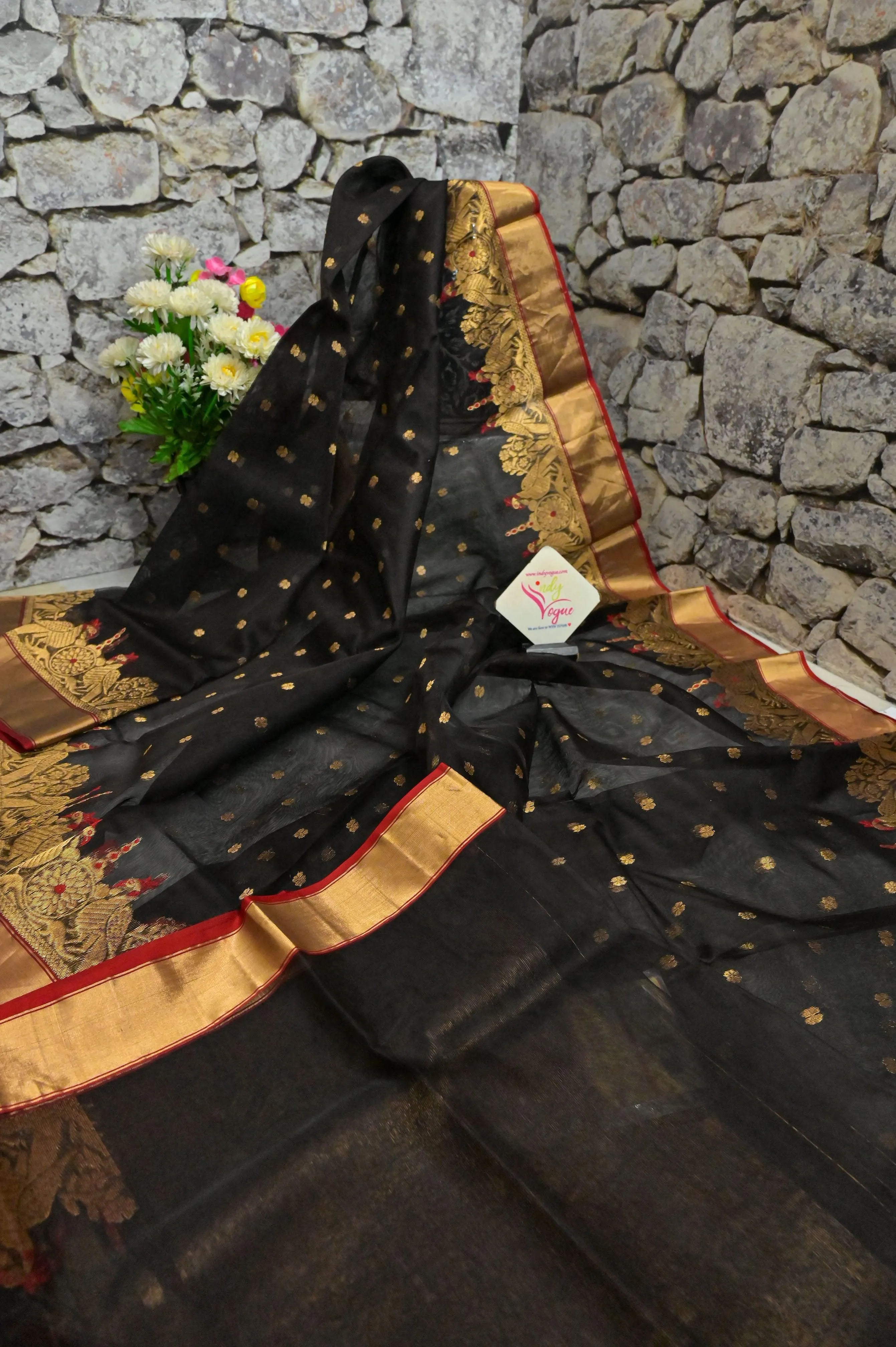 Coal Black Color Pure Chanderi Banarasi Silk Saree with Meenakari Work