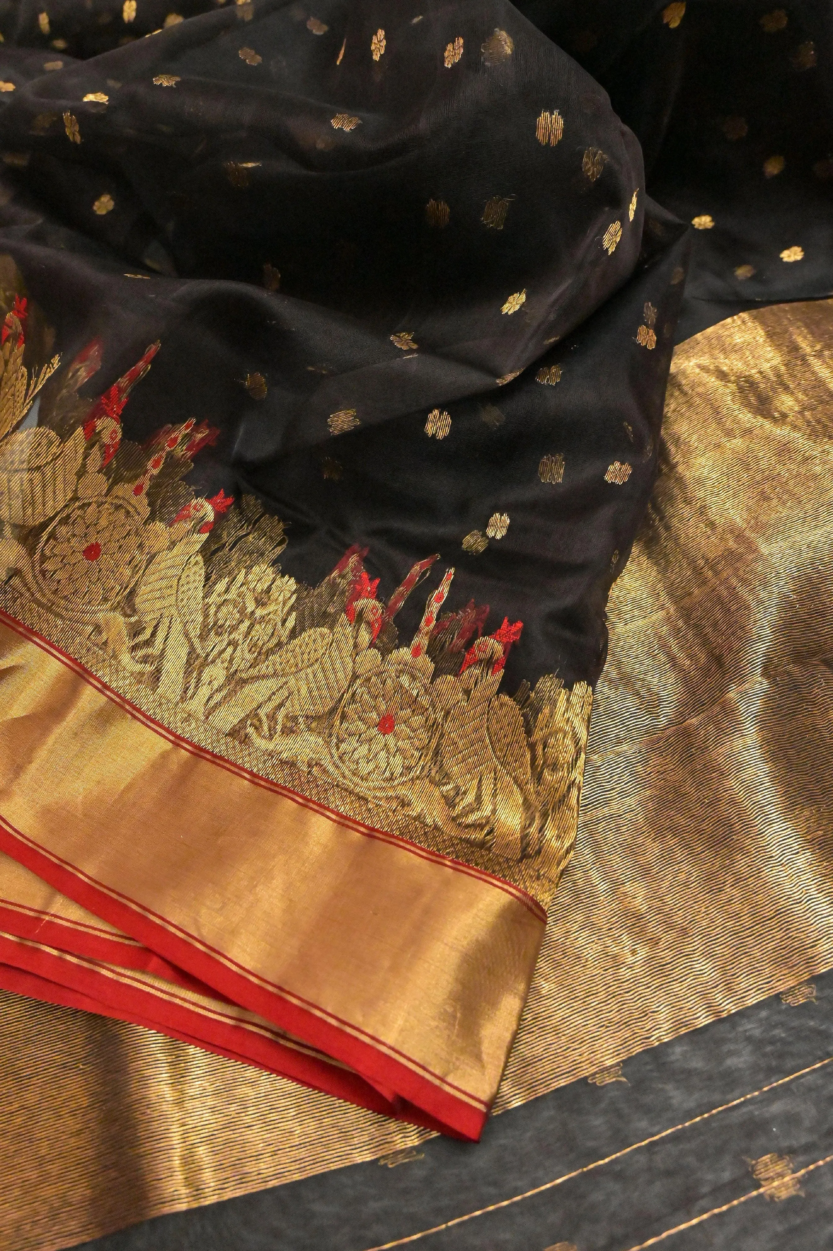 Coal Black Color Pure Chanderi Banarasi Silk Saree with Meenakari Work