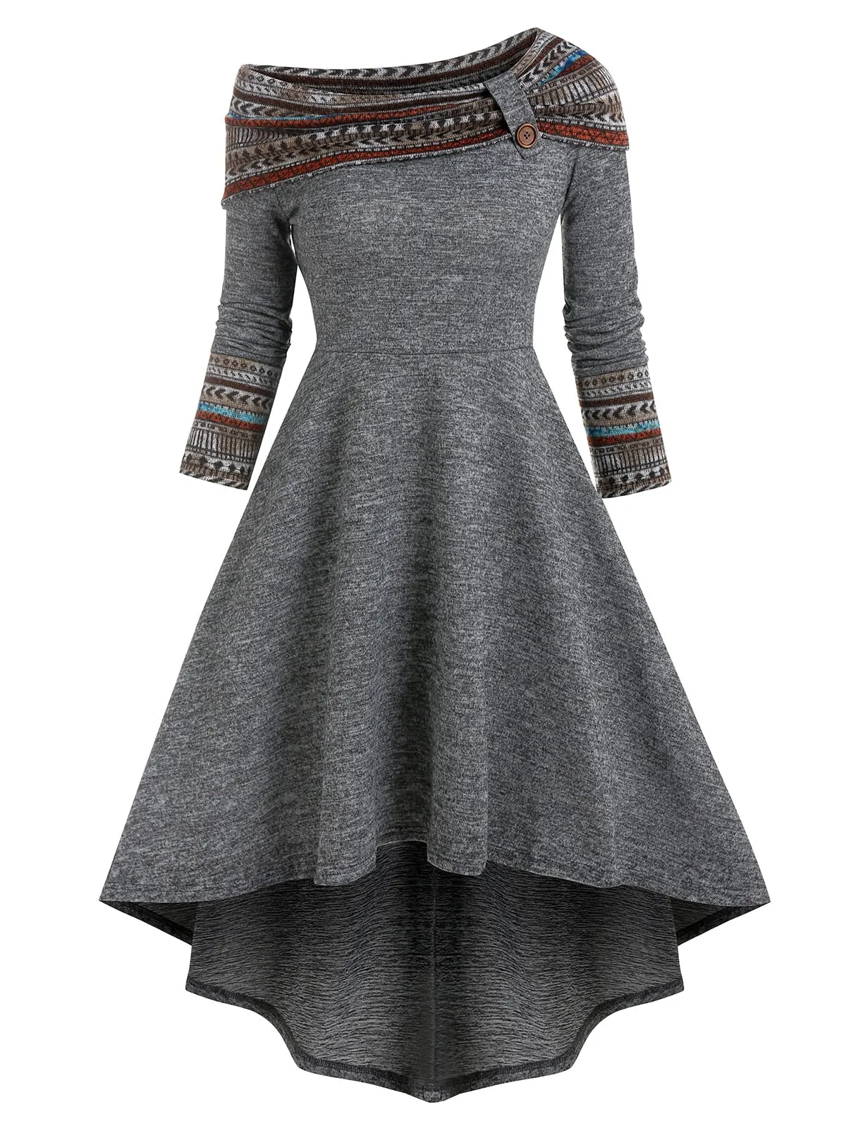 Convertible Cinched Striped Flare Dress Foldover Off The Shoulder Knitted Dresses Women 2023 Long Sleeve Jurken