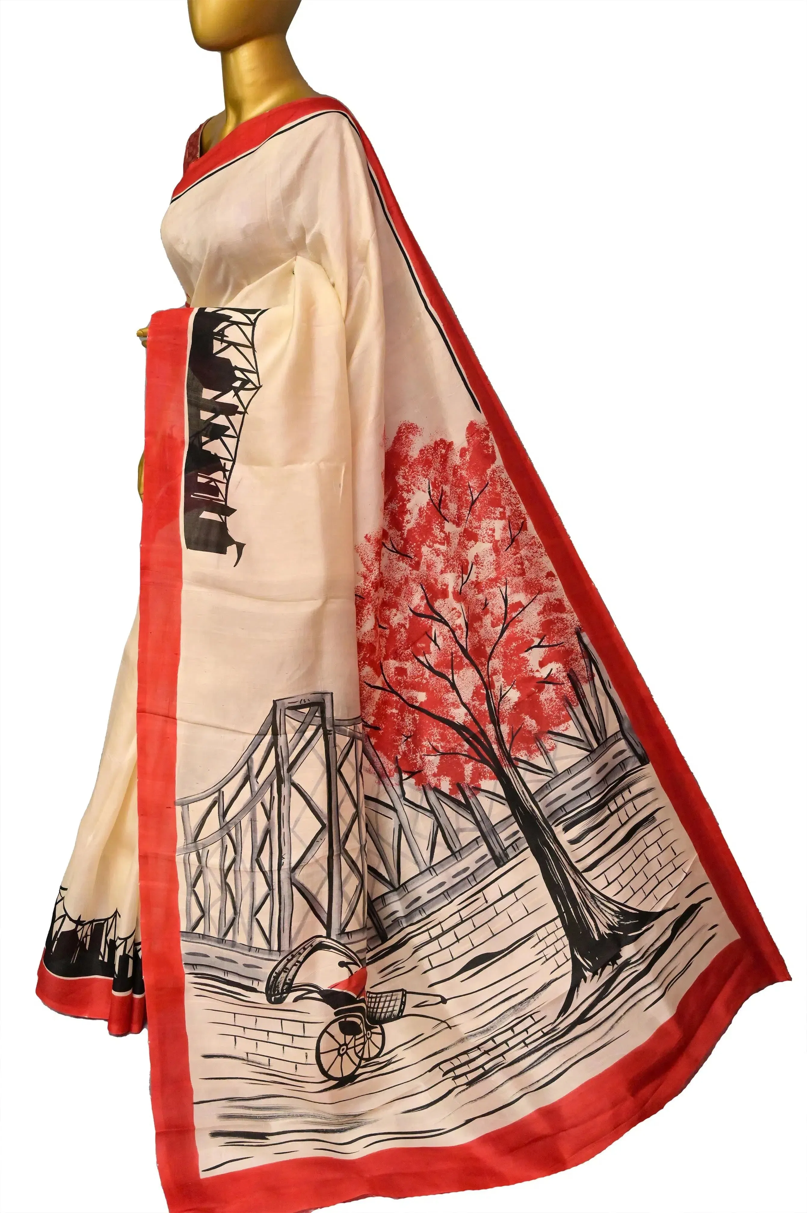 Cream and Red Color Bishnupur Katan Silk Saree with Hand Painted Kolkata Theme