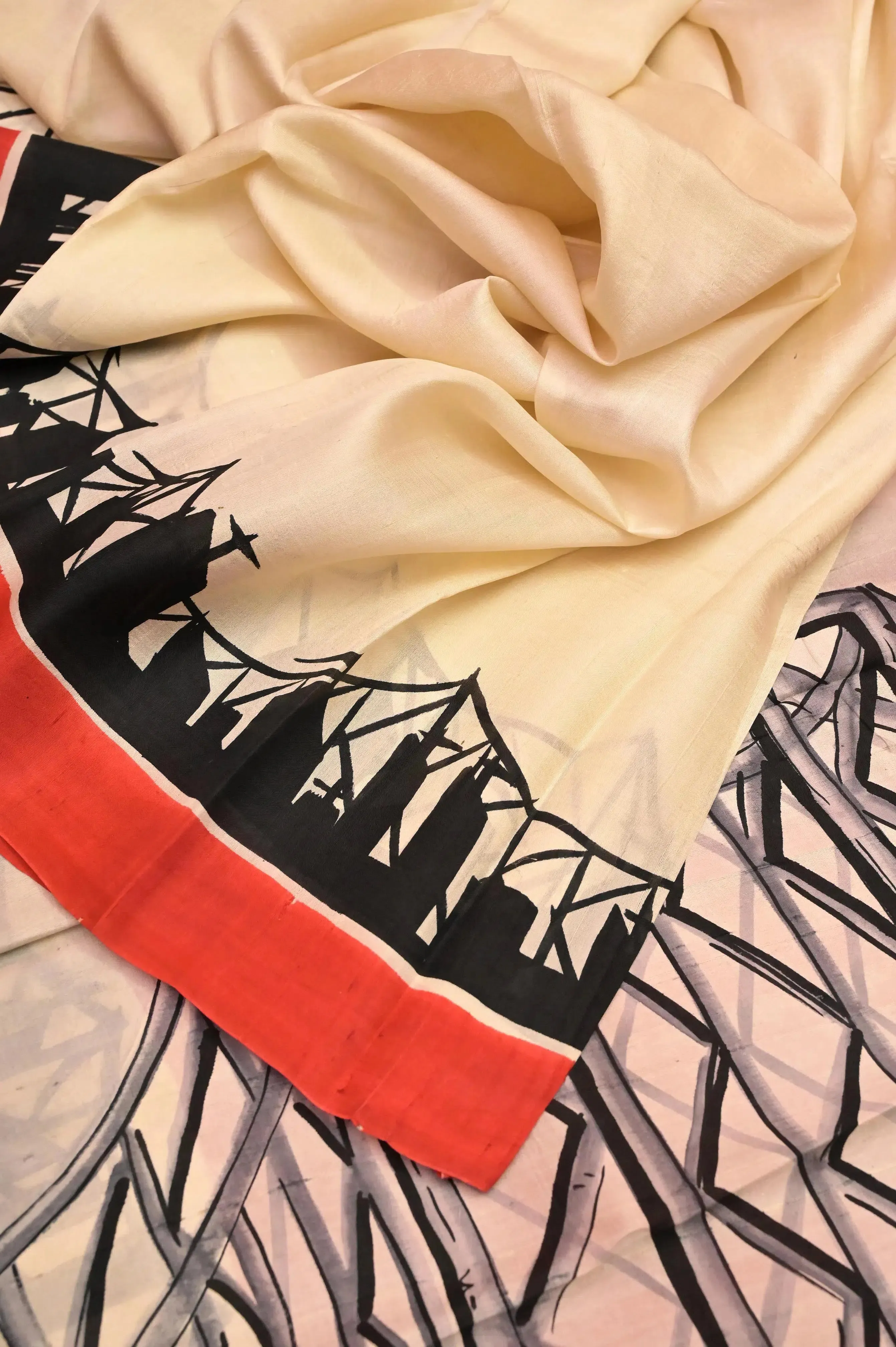 Cream and Red Color Bishnupur Katan Silk Saree with Hand Painted Kolkata Theme