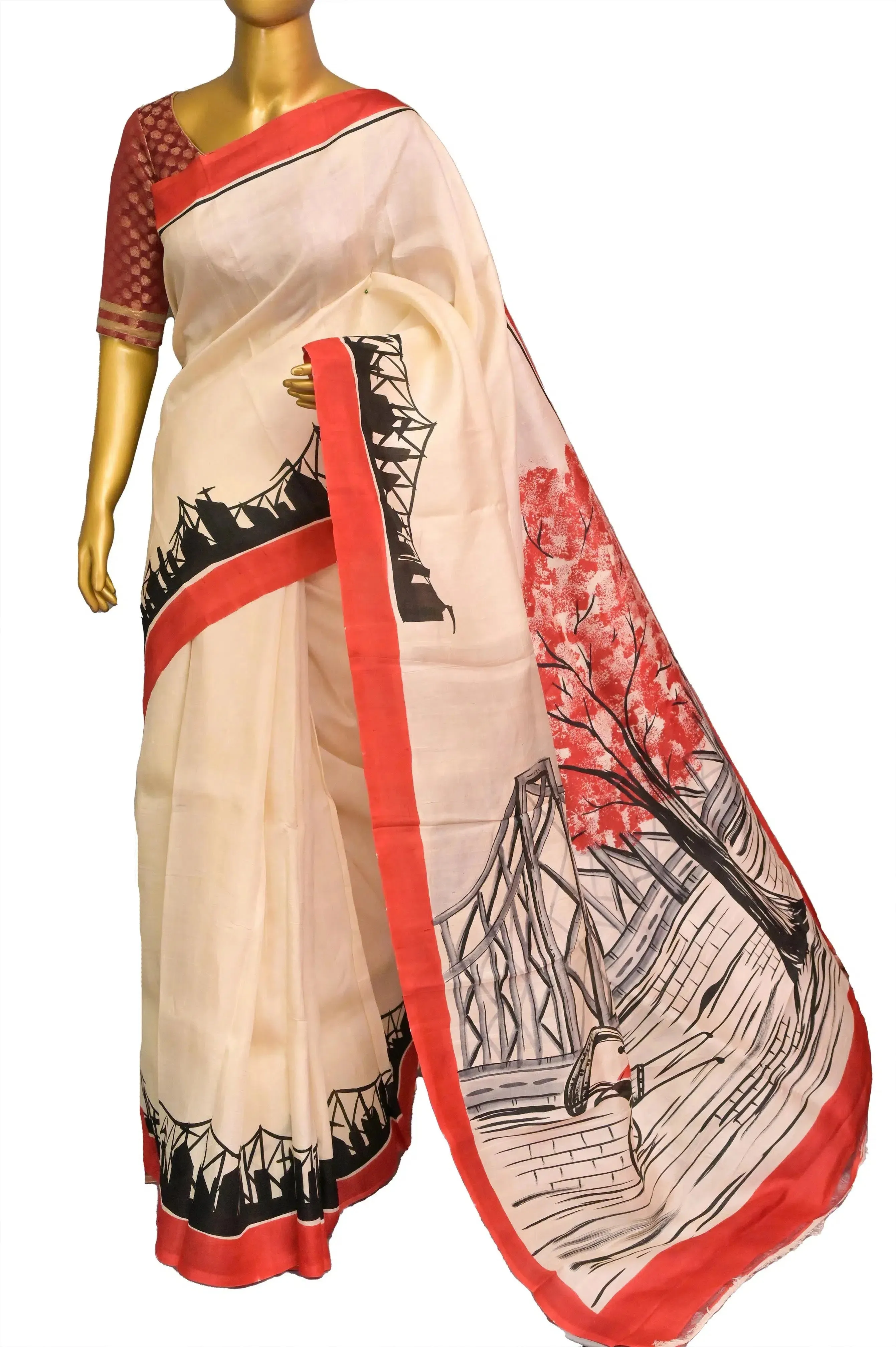 Cream and Red Color Bishnupur Katan Silk Saree with Hand Painted Kolkata Theme