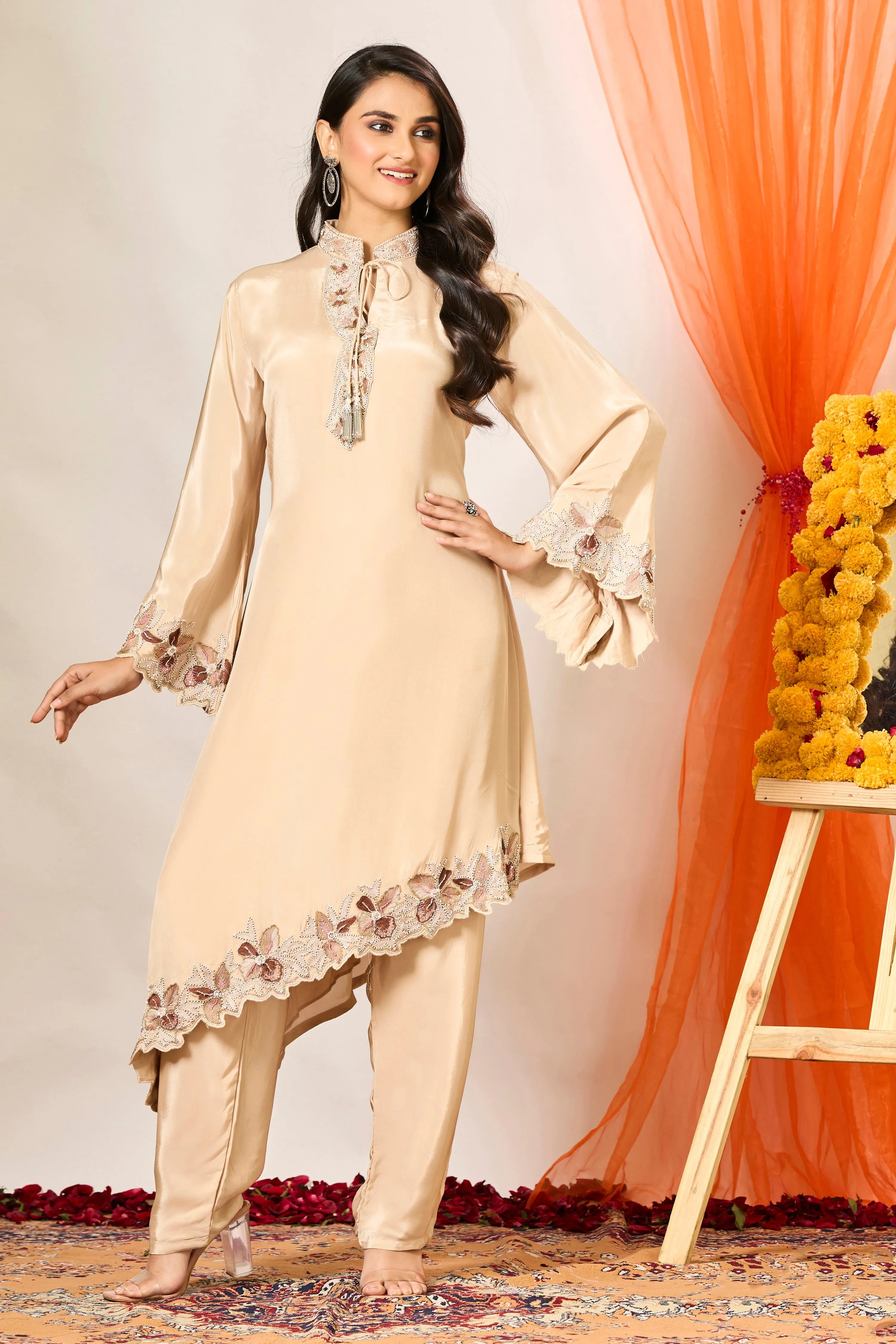 Cream Embroidered Crepe Silk Kurta & Pants Set