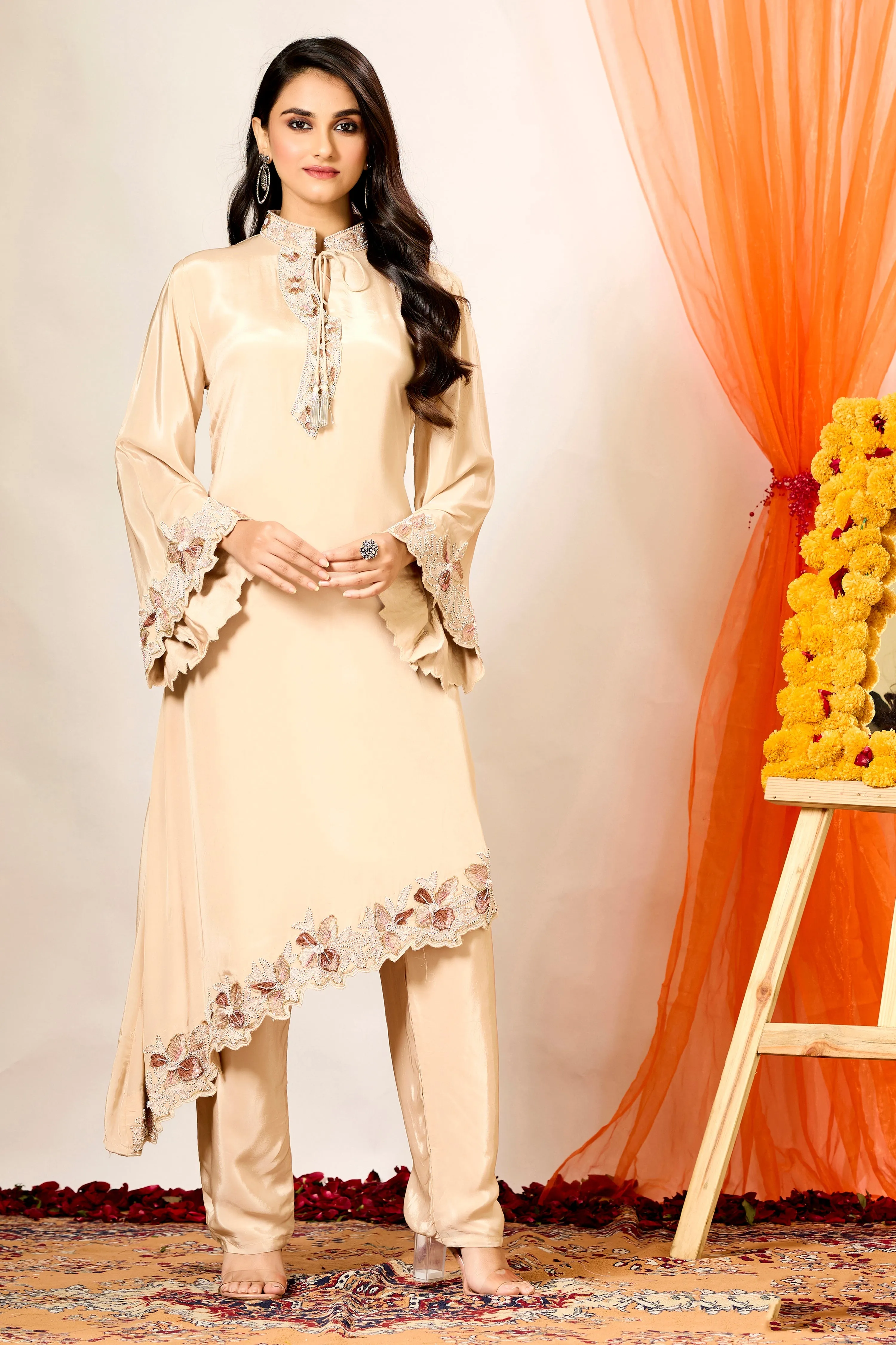 Cream Embroidered Crepe Silk Kurta & Pants Set