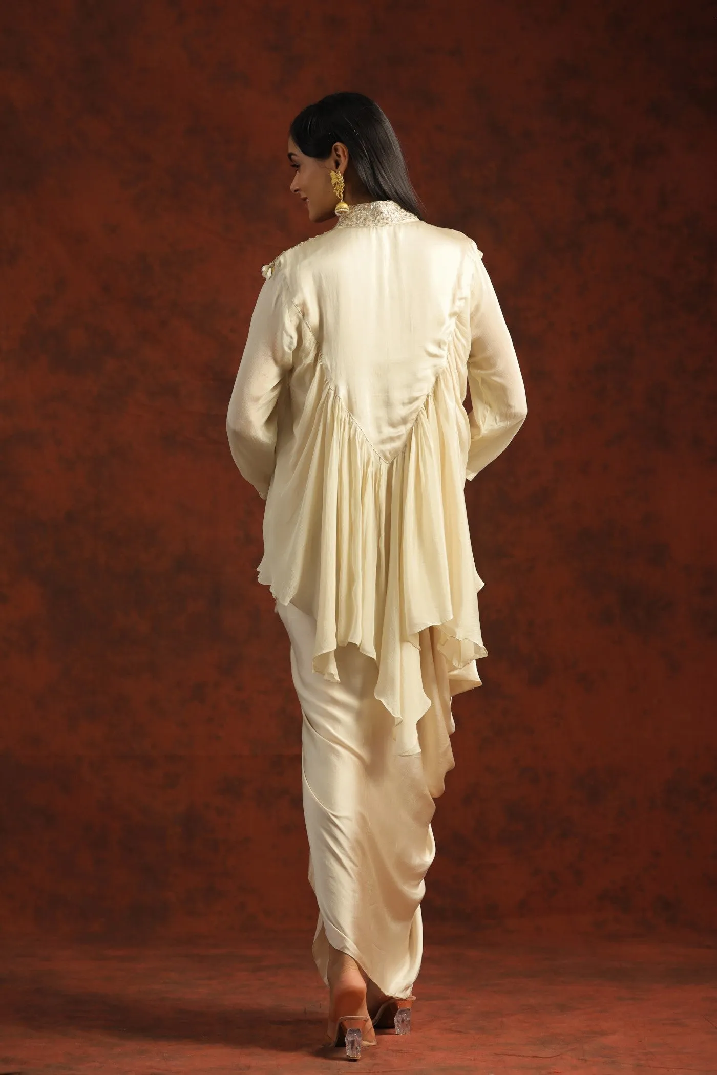 Cream Gota Embroidered Chinon Silk Draped Skirt & Top