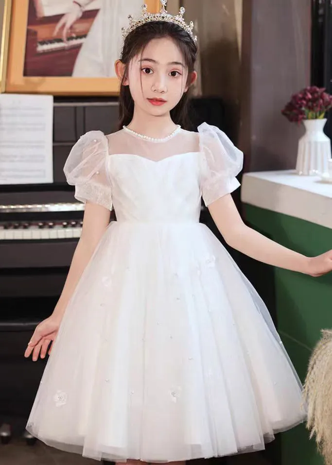 Cute White Embroideried Patchwork Tulle Girls Long Dresses Short Sleeve XZ027