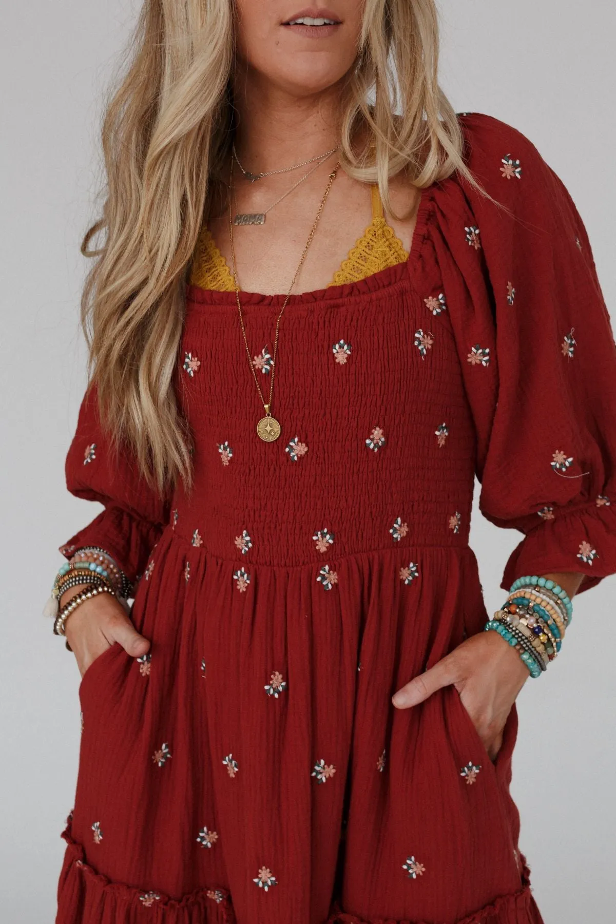 Dahlia Floral Embroidered Maxi Dress - Brick