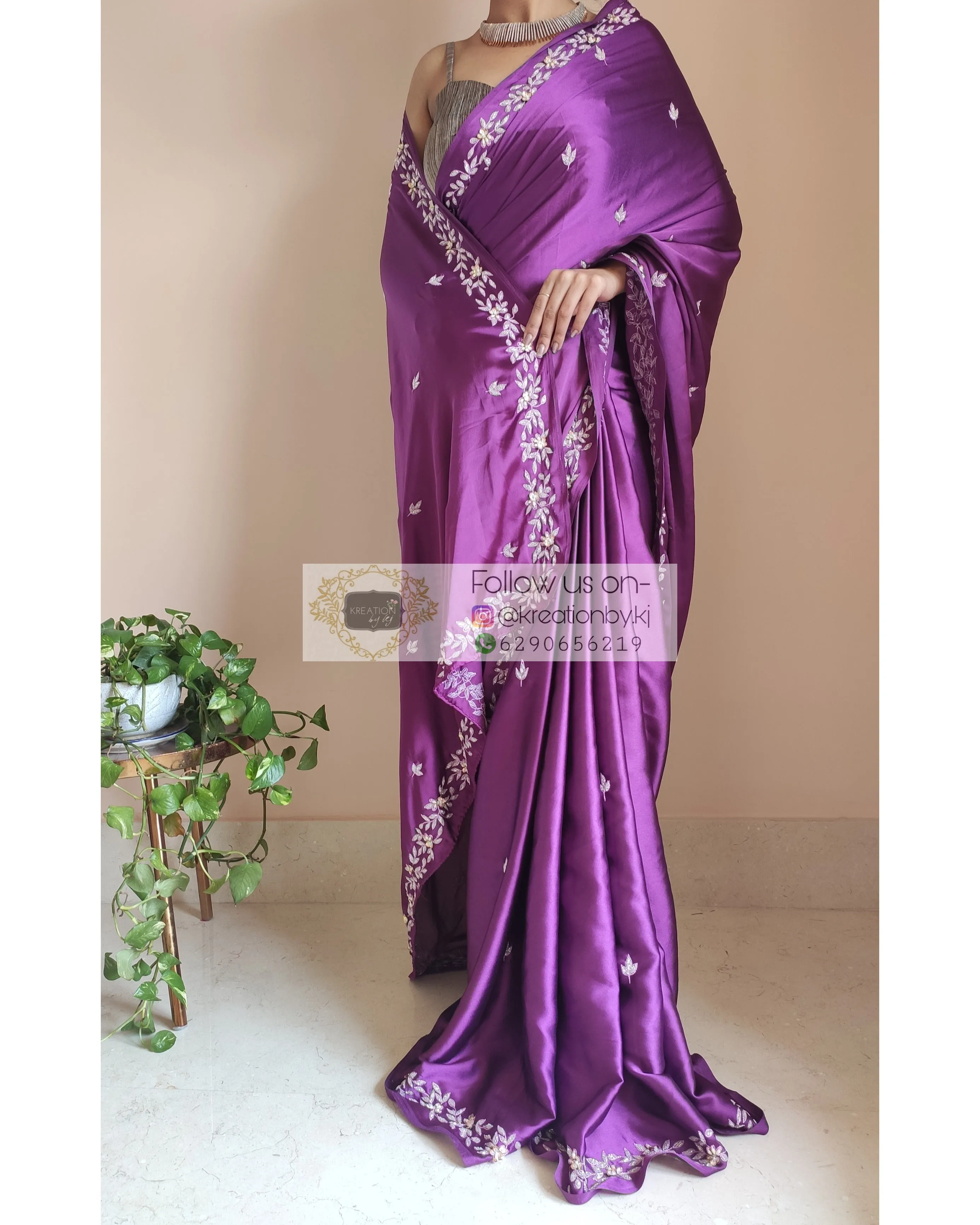 Dark Purple Satin Silk Chandani Saree