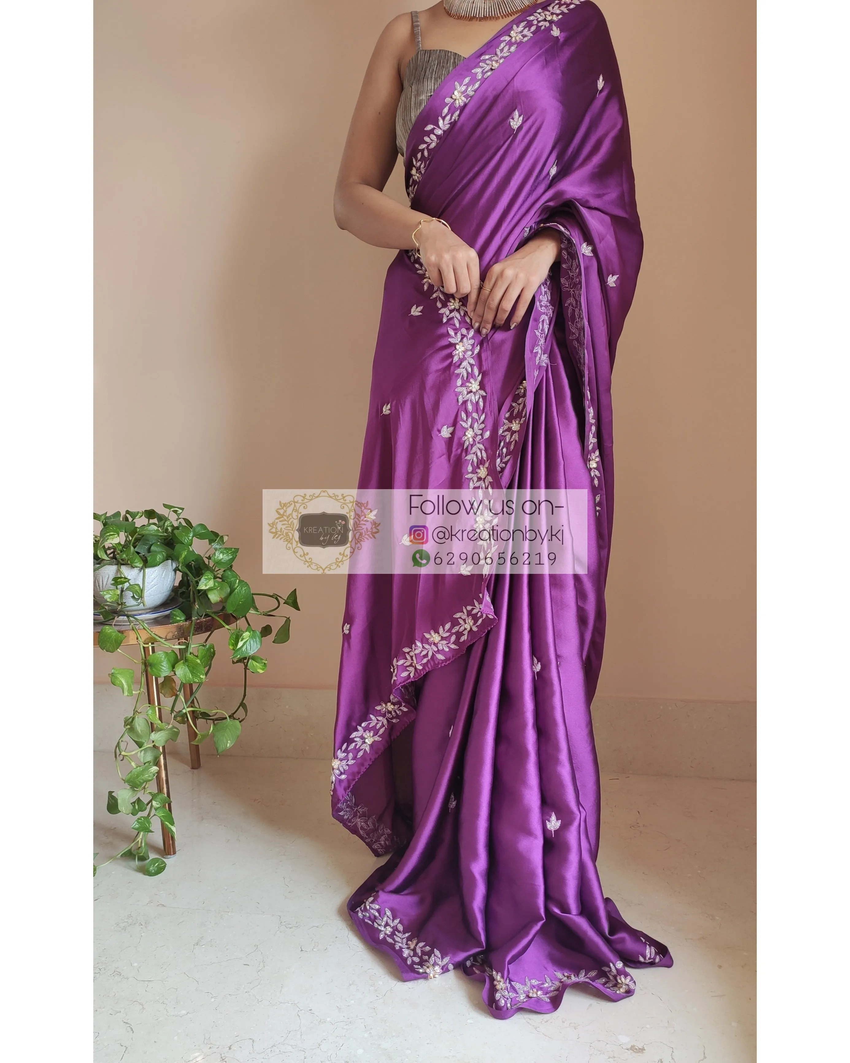 Dark Purple Satin Silk Chandani Saree