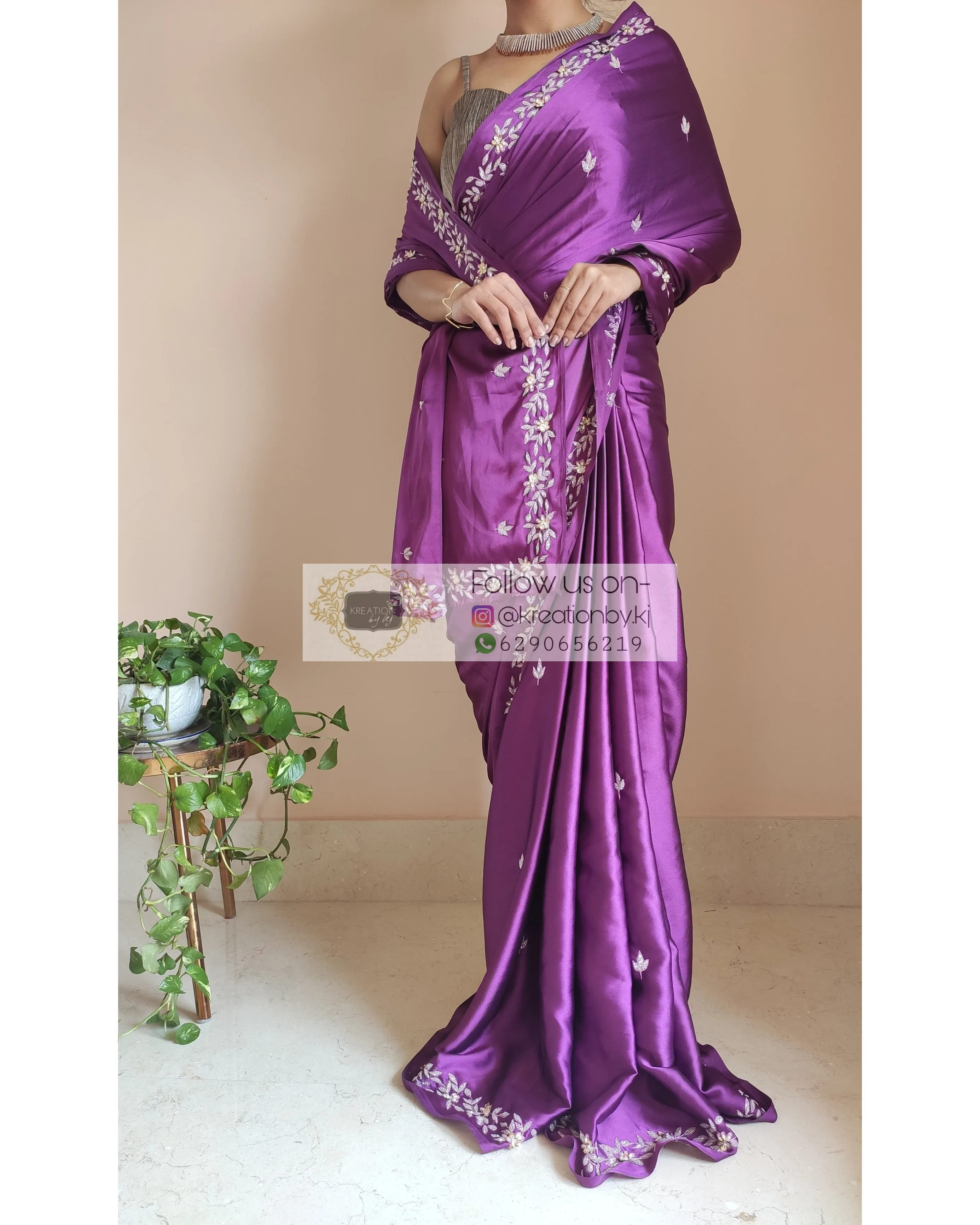 Dark Purple Satin Silk Chandani Saree