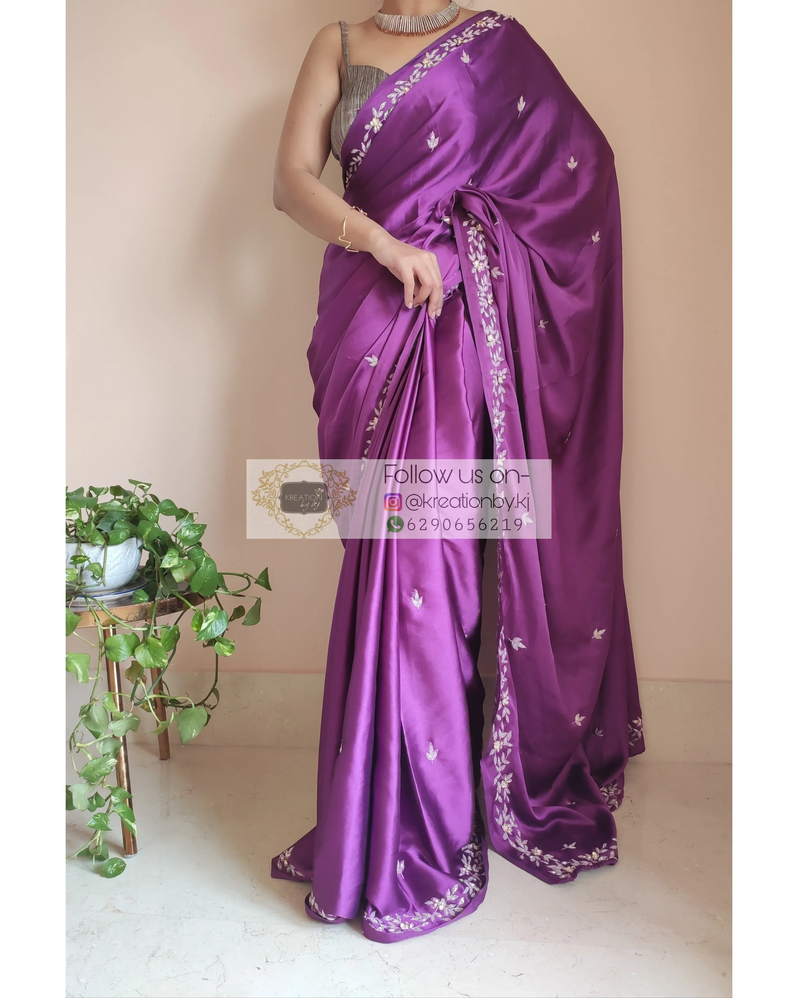 Dark Purple Satin Silk Chandani Saree