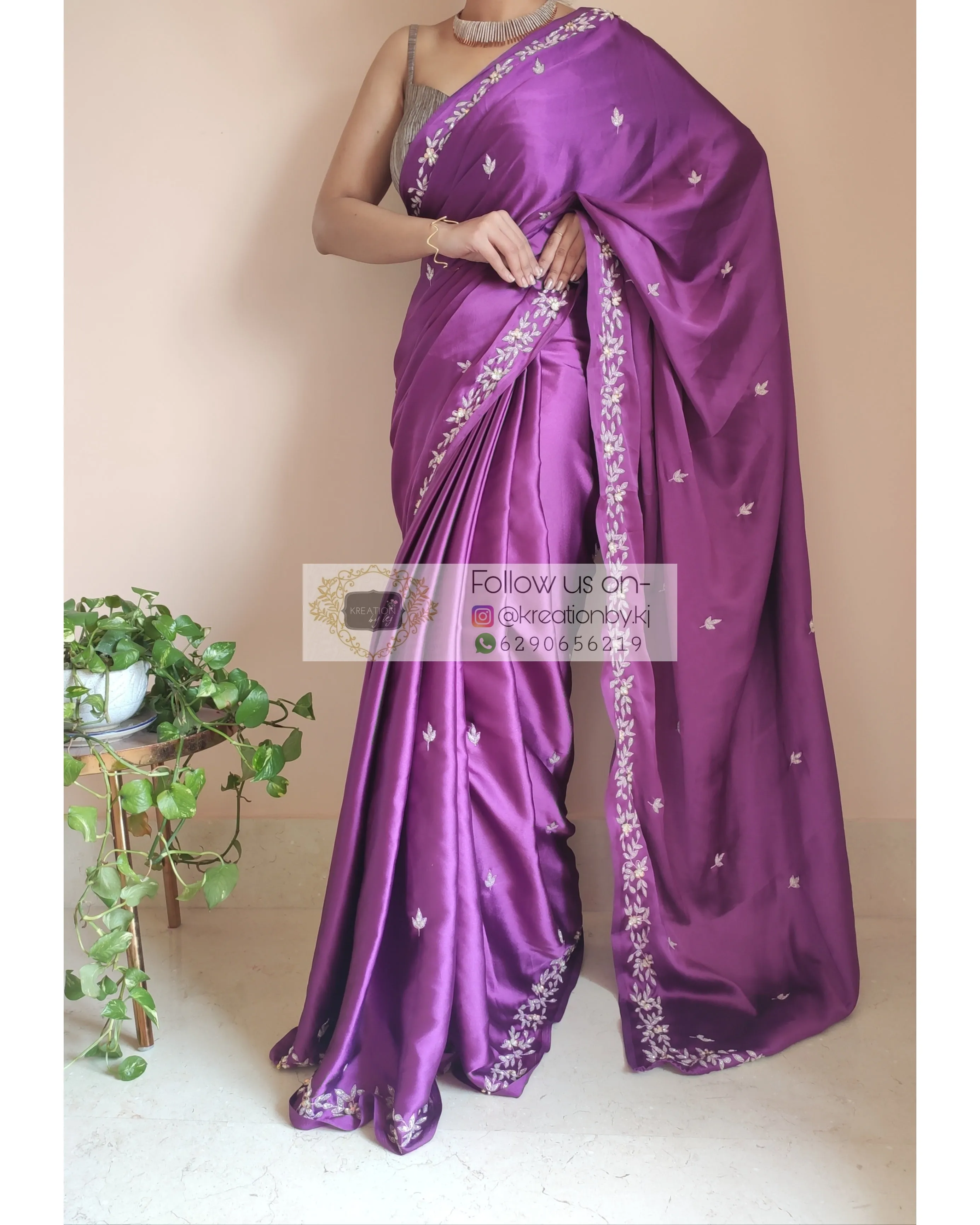 Dark Purple Satin Silk Chandani Saree