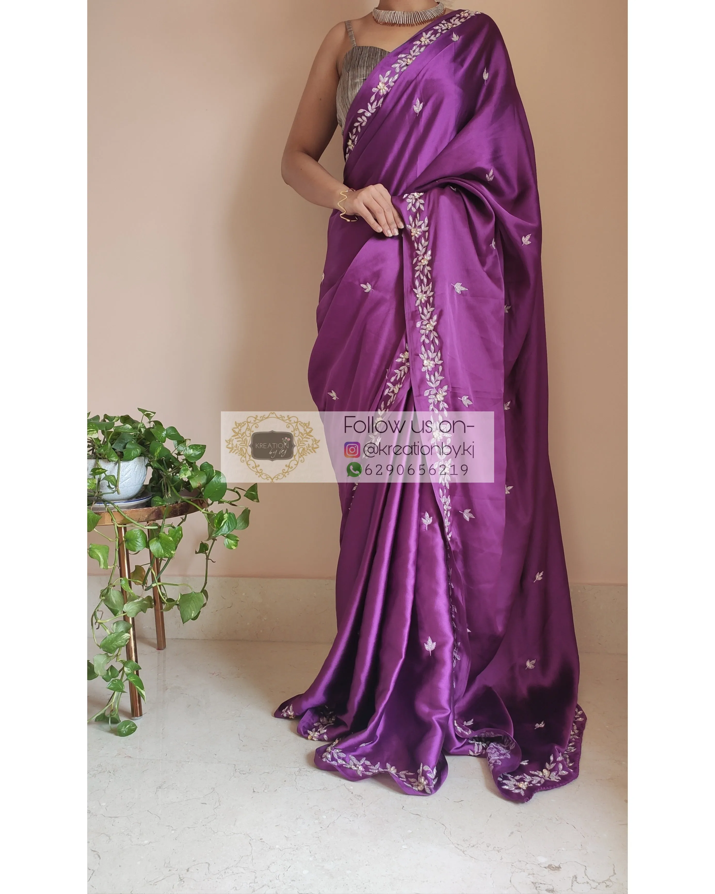 Dark Purple Satin Silk Chandani Saree