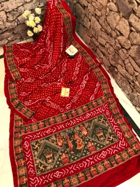 Dark Red Color Pure Ghazi Silk Gharchola saree with Hand Bandhani & Embroidery