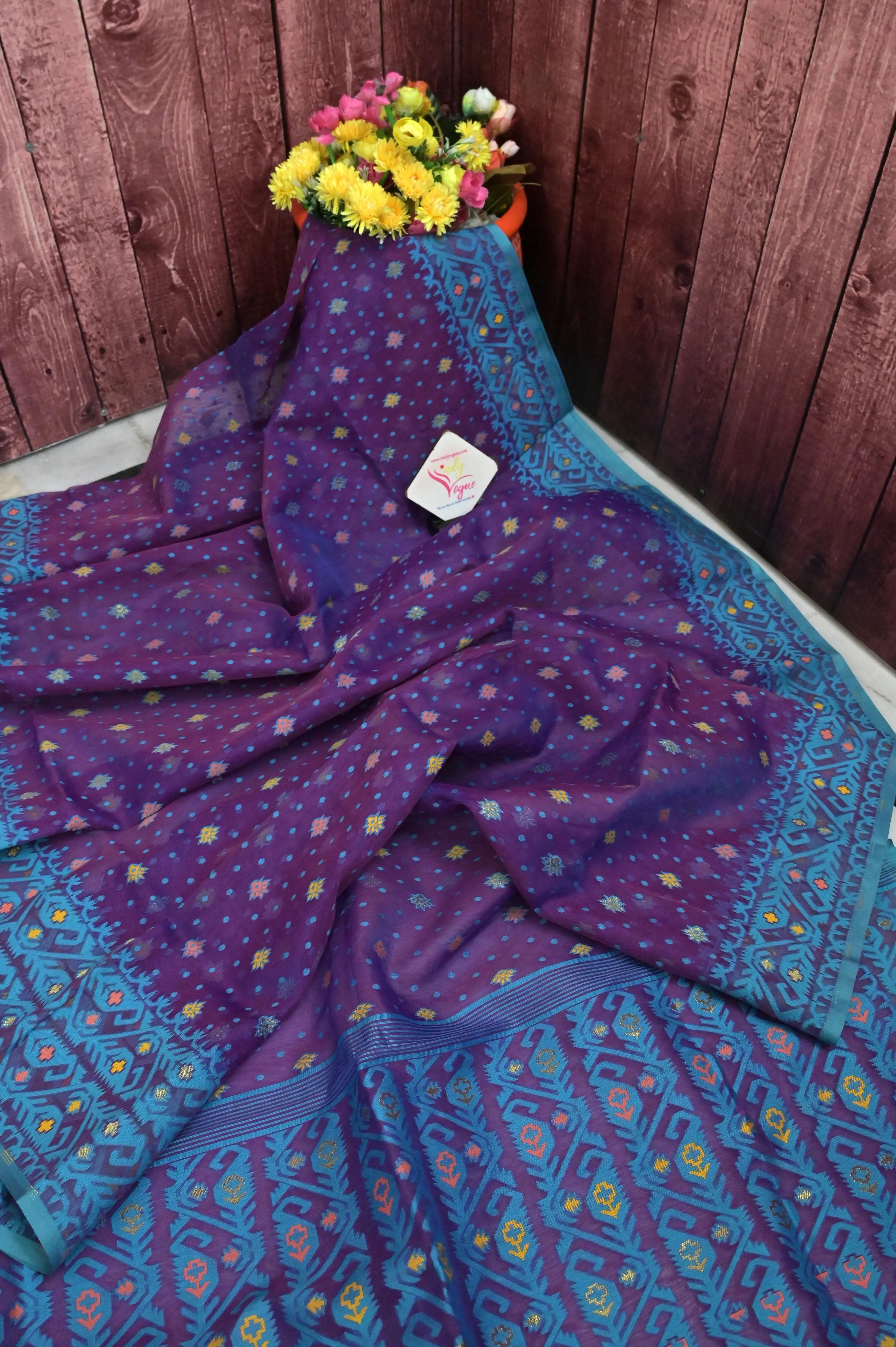 Deep Violet and Blue Color Jamdani Saree