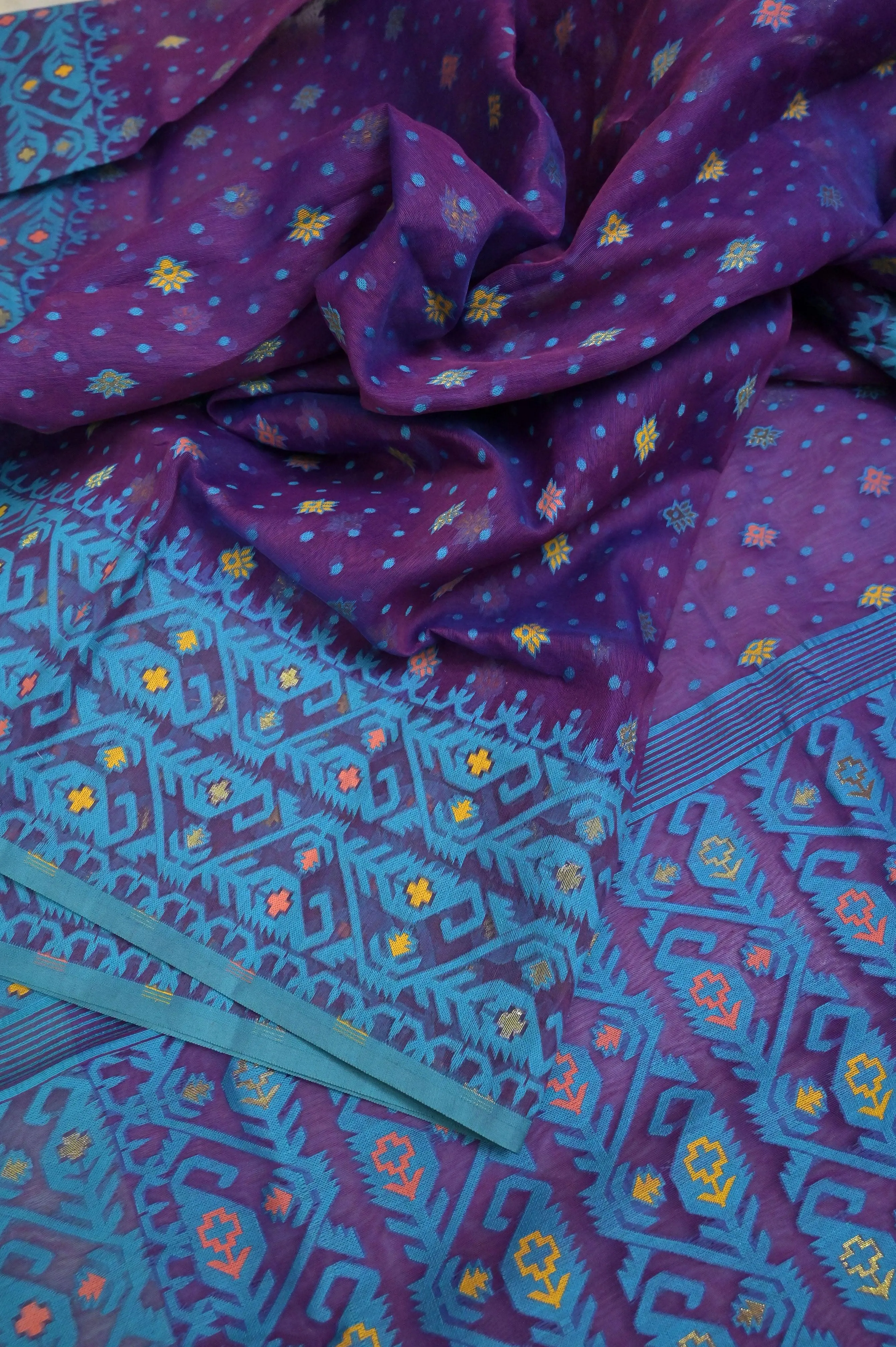 Deep Violet and Blue Color Jamdani Saree