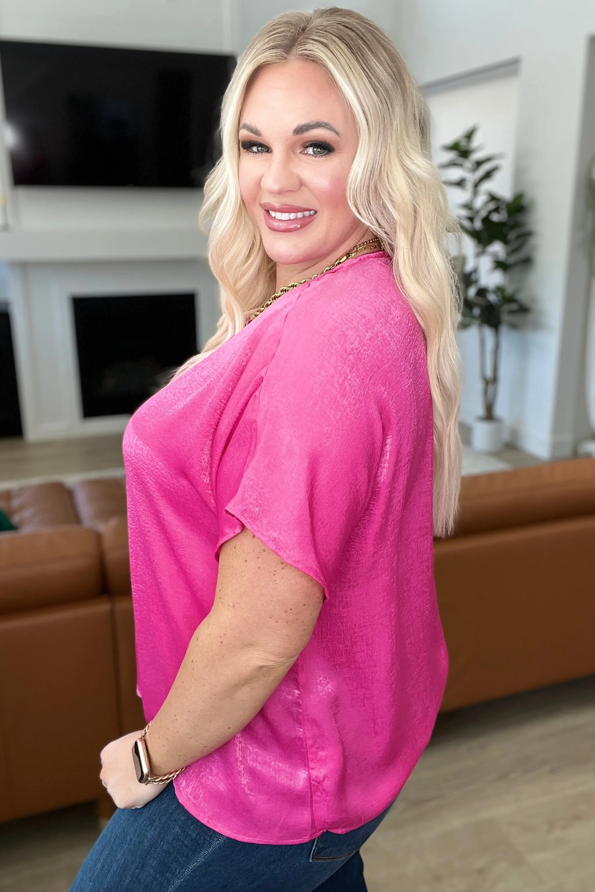 DOORBUSTER: Pleat Front V-Neck Top in Hot Pink (Ships in 1-2 Weeks)