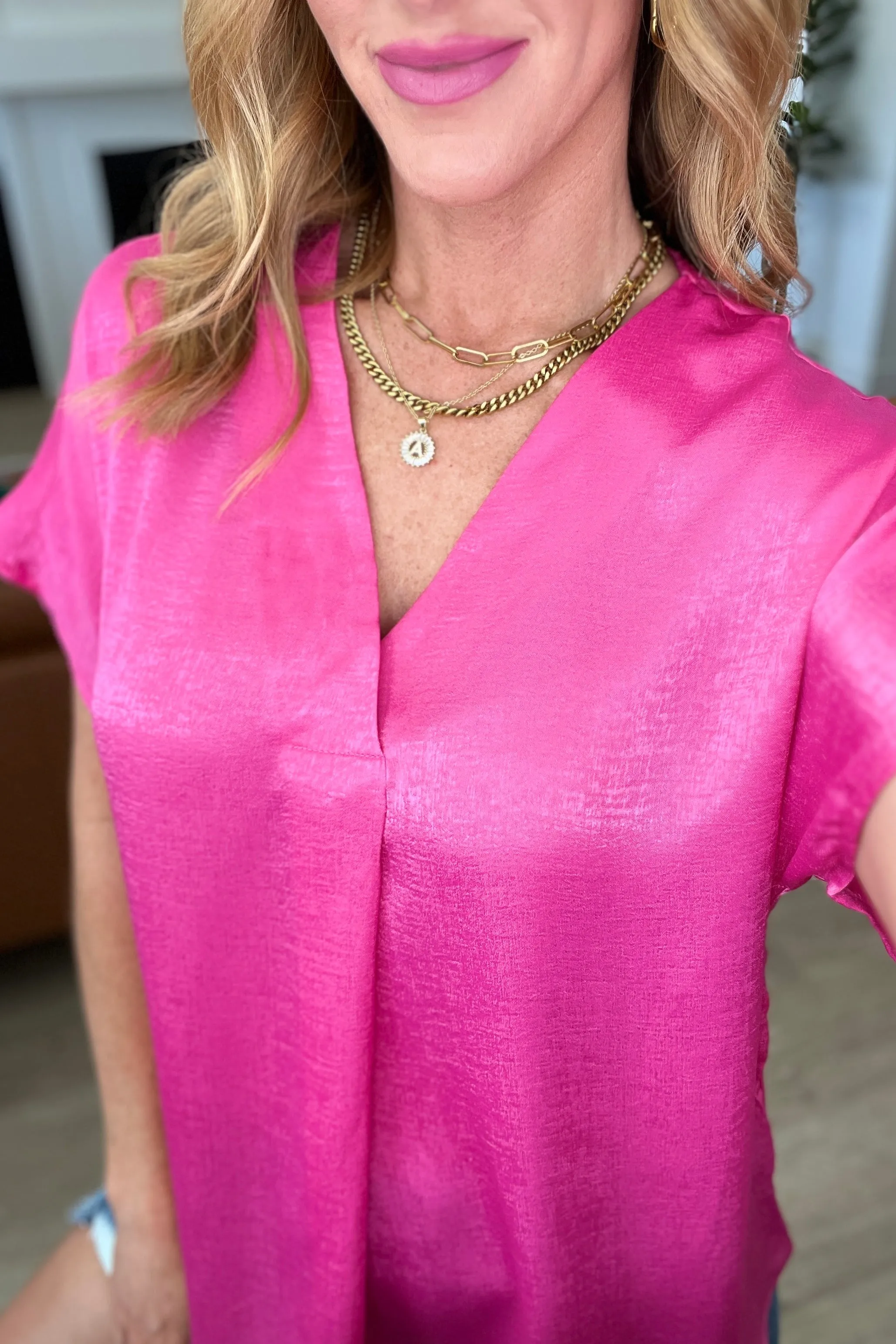 DOORBUSTER: Pleat Front V-Neck Top in Hot Pink (Ships in 1-2 Weeks)