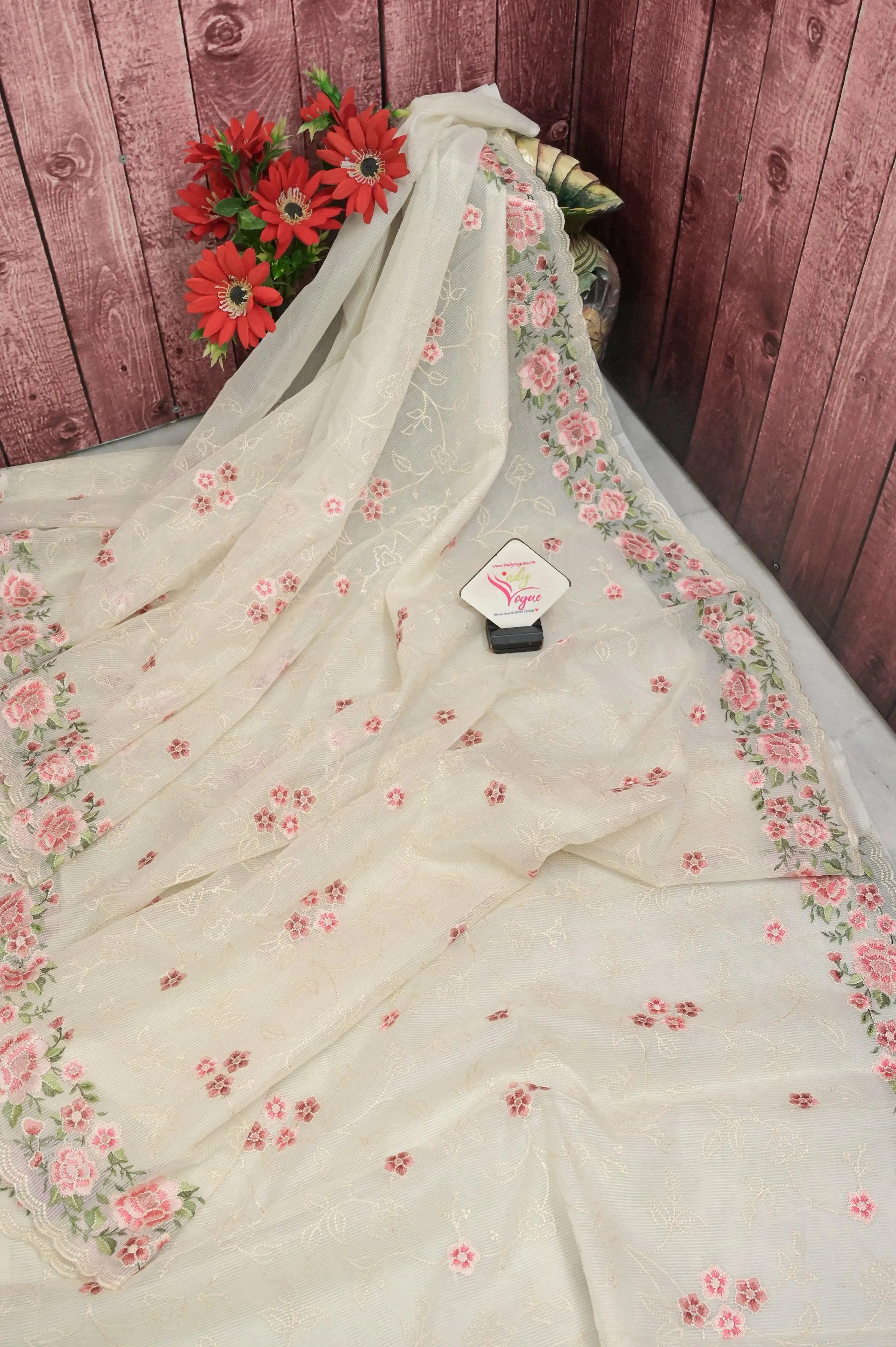 Dust White Color Resham Kota with Allover Embroidery and Scallop Border