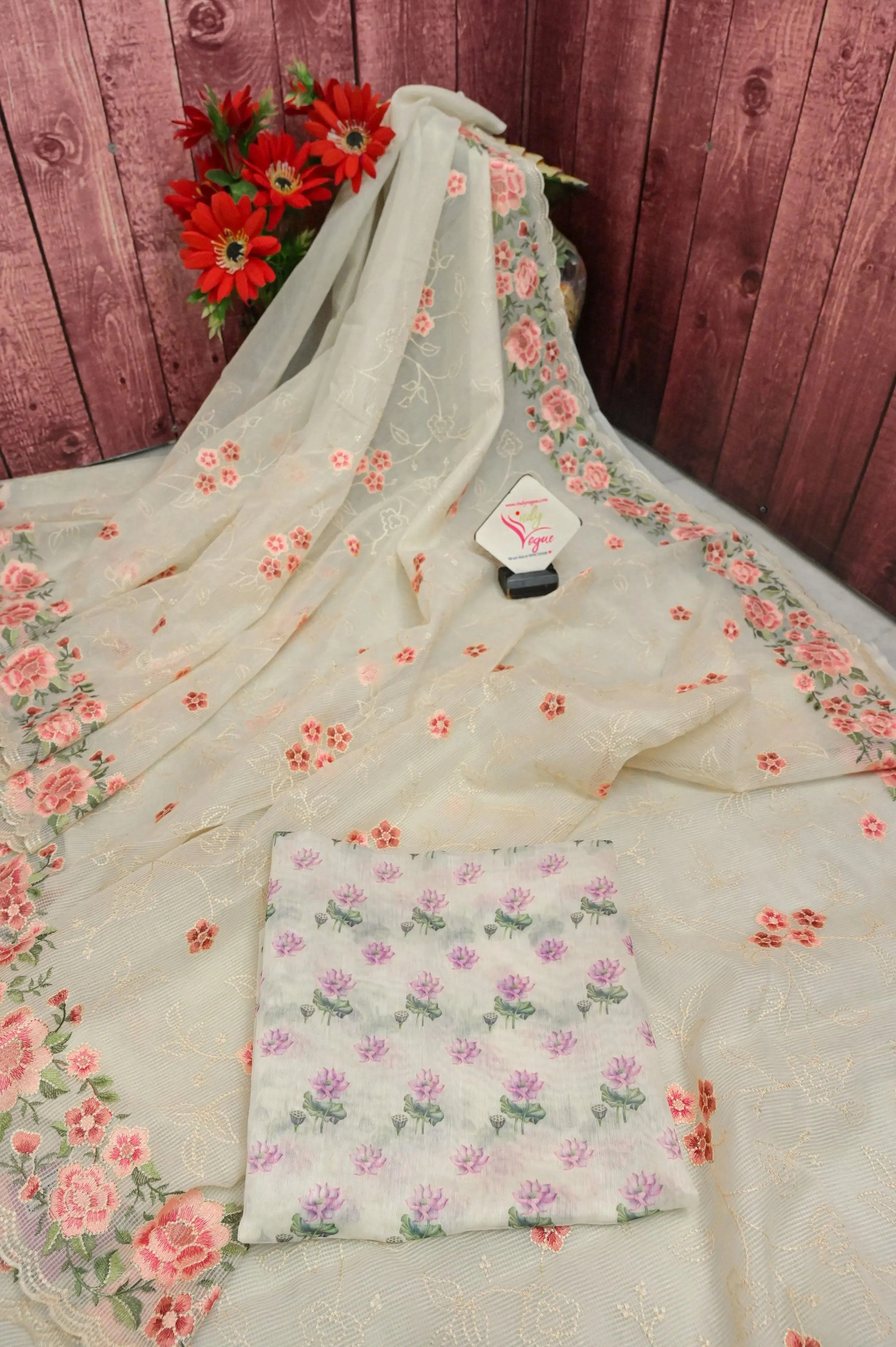 Dust White Color Resham Kota with Allover Embroidery and Scallop Border