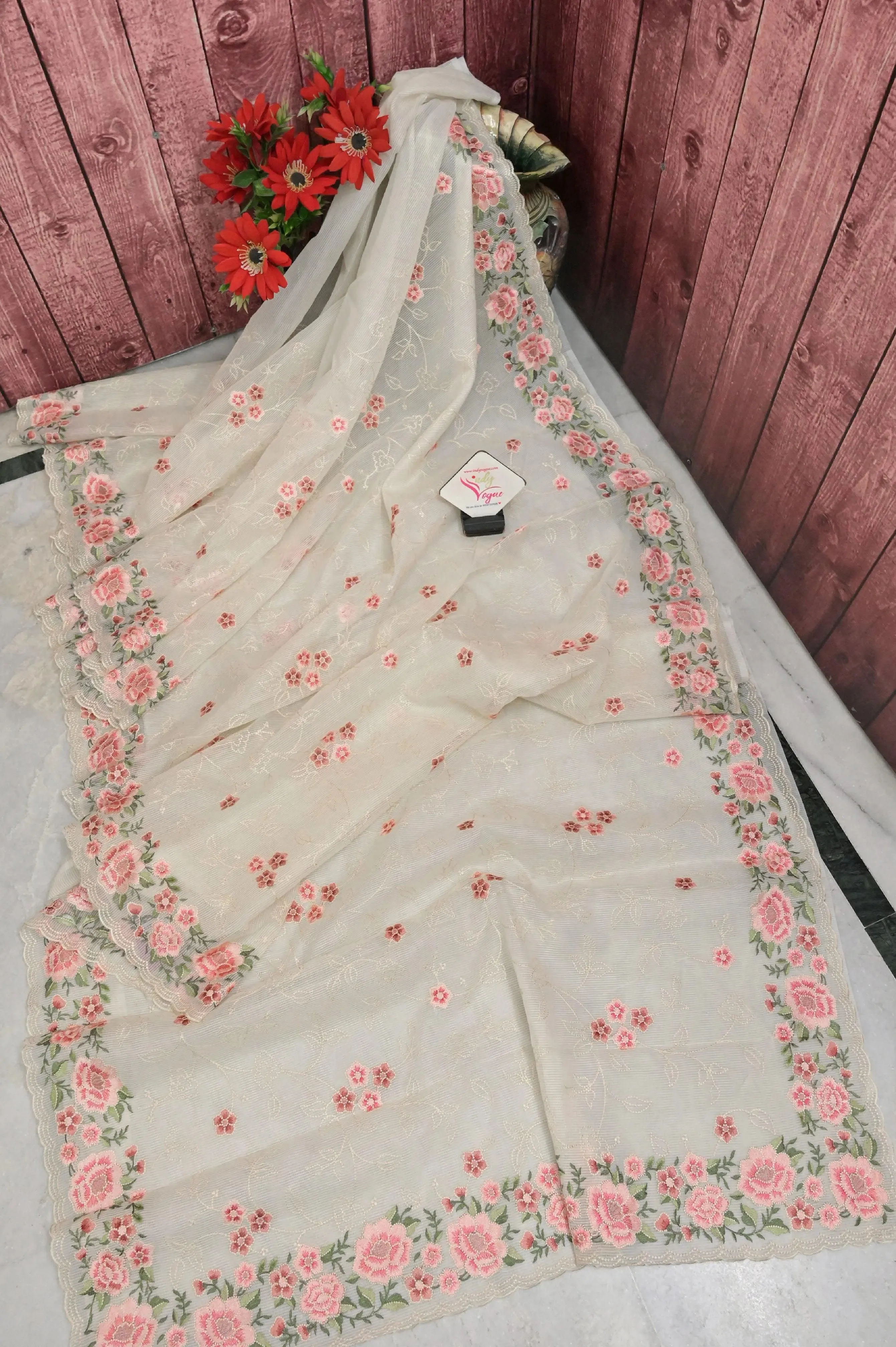 Dust White Color Resham Kota with Allover Embroidery and Scallop Border