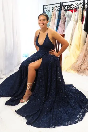 Elegant Navy Blue A-Line Halter Long Backless Lace Evening Dresses with Slit Prom Dresses