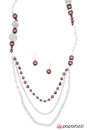 Enmeshed in Elegance Long Brown and Silver Necklace and matching Earrings - Paparazzi Accessories