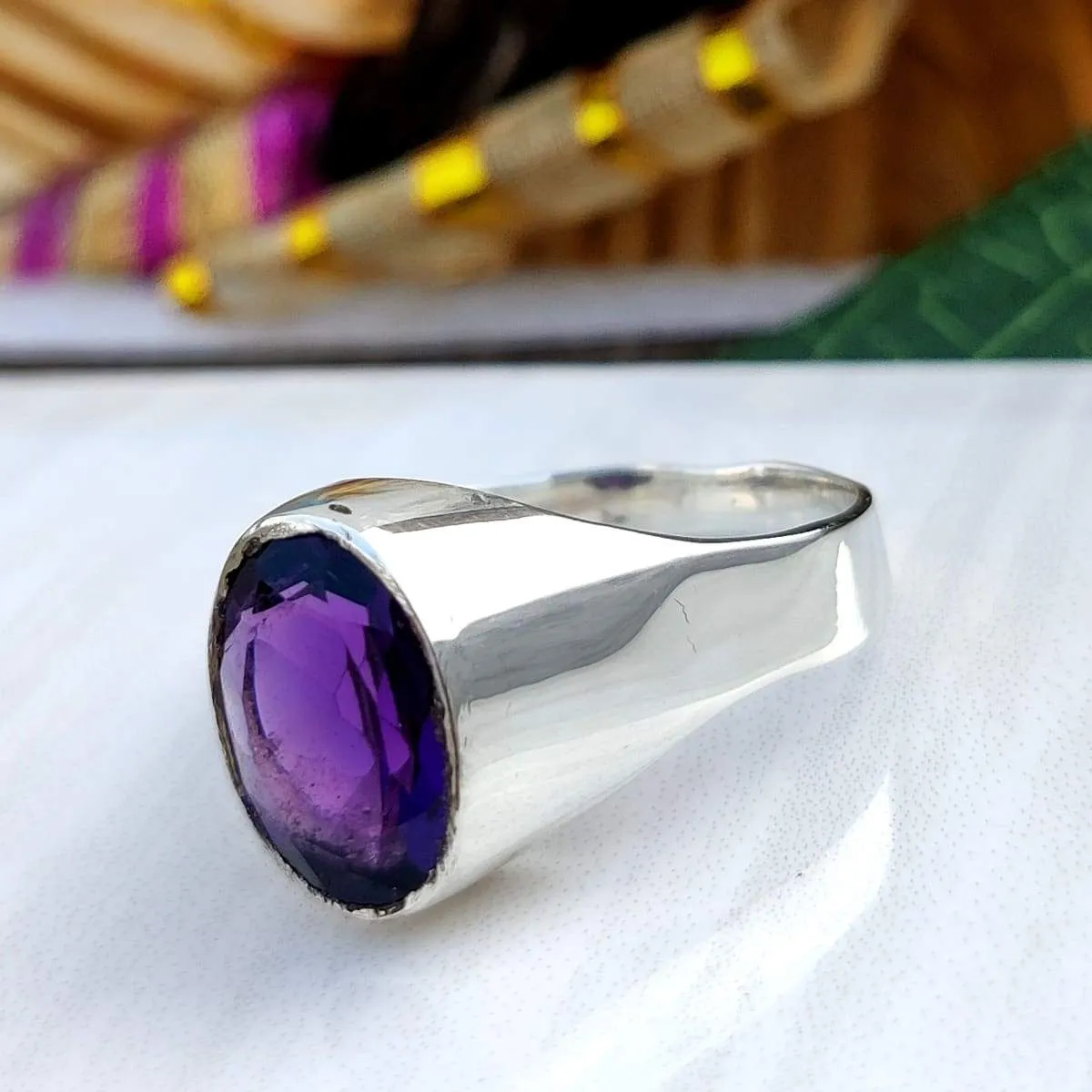 February Birthstone Ring, Natural Dark Purple Amethyst ring, Amethyst signet ring, 925 sterling silver, unisex ring, men's ring