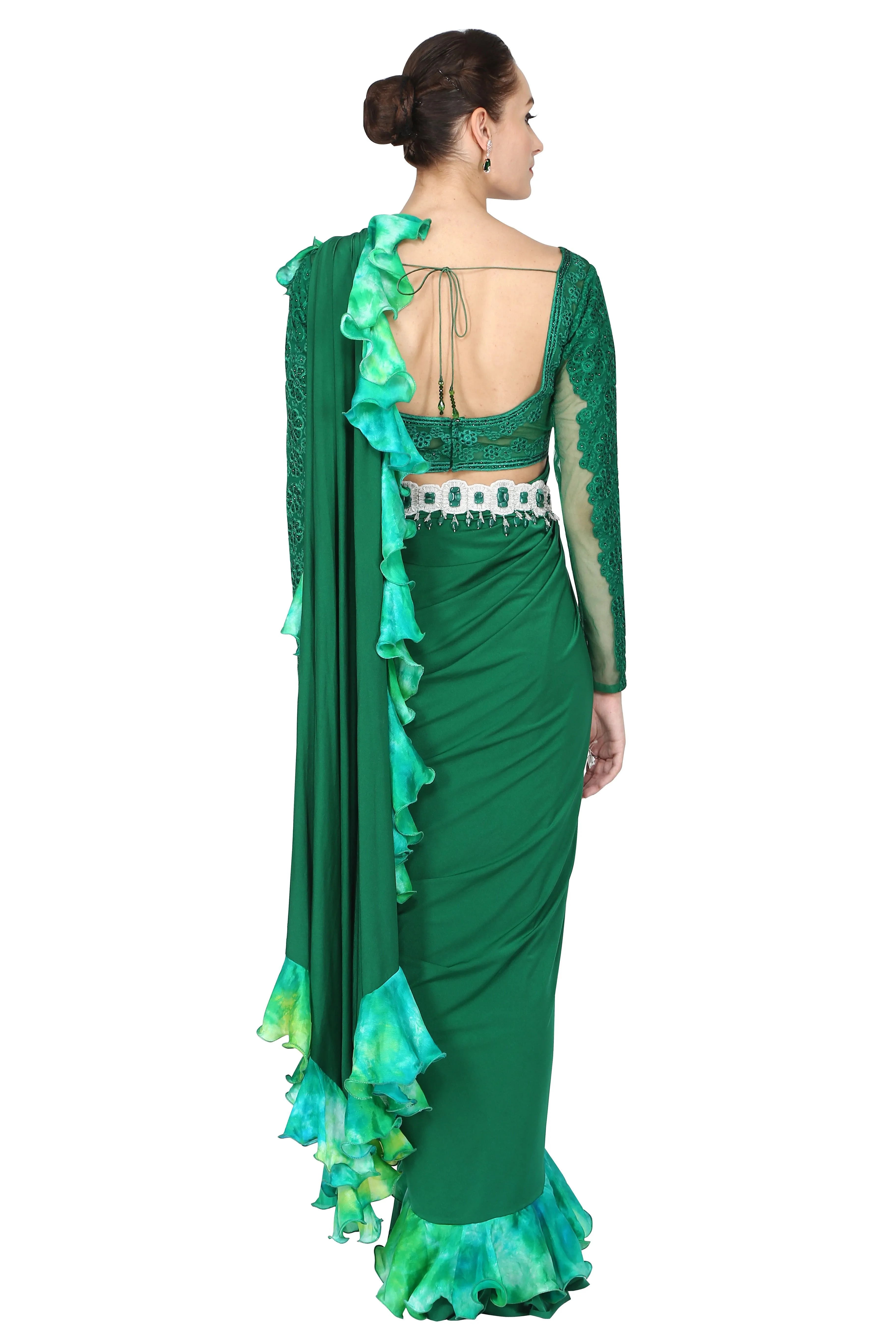 Forest green drape saree.