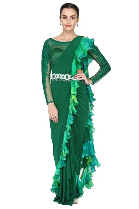 Forest green drape saree.